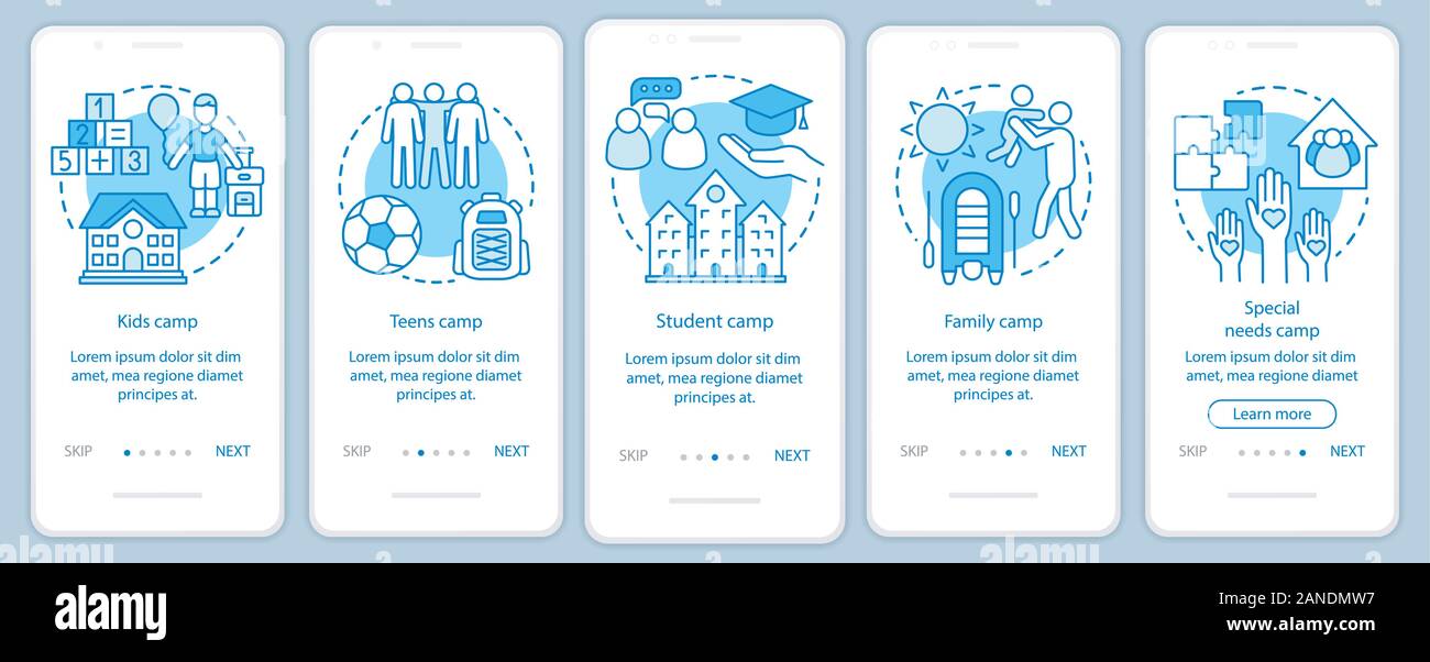 Children camps onboarding mobile app page screen with linear concepts. Kids and family holiday walkthrough steps graphic instructions. UX, UI, GUI vec Stock Vector