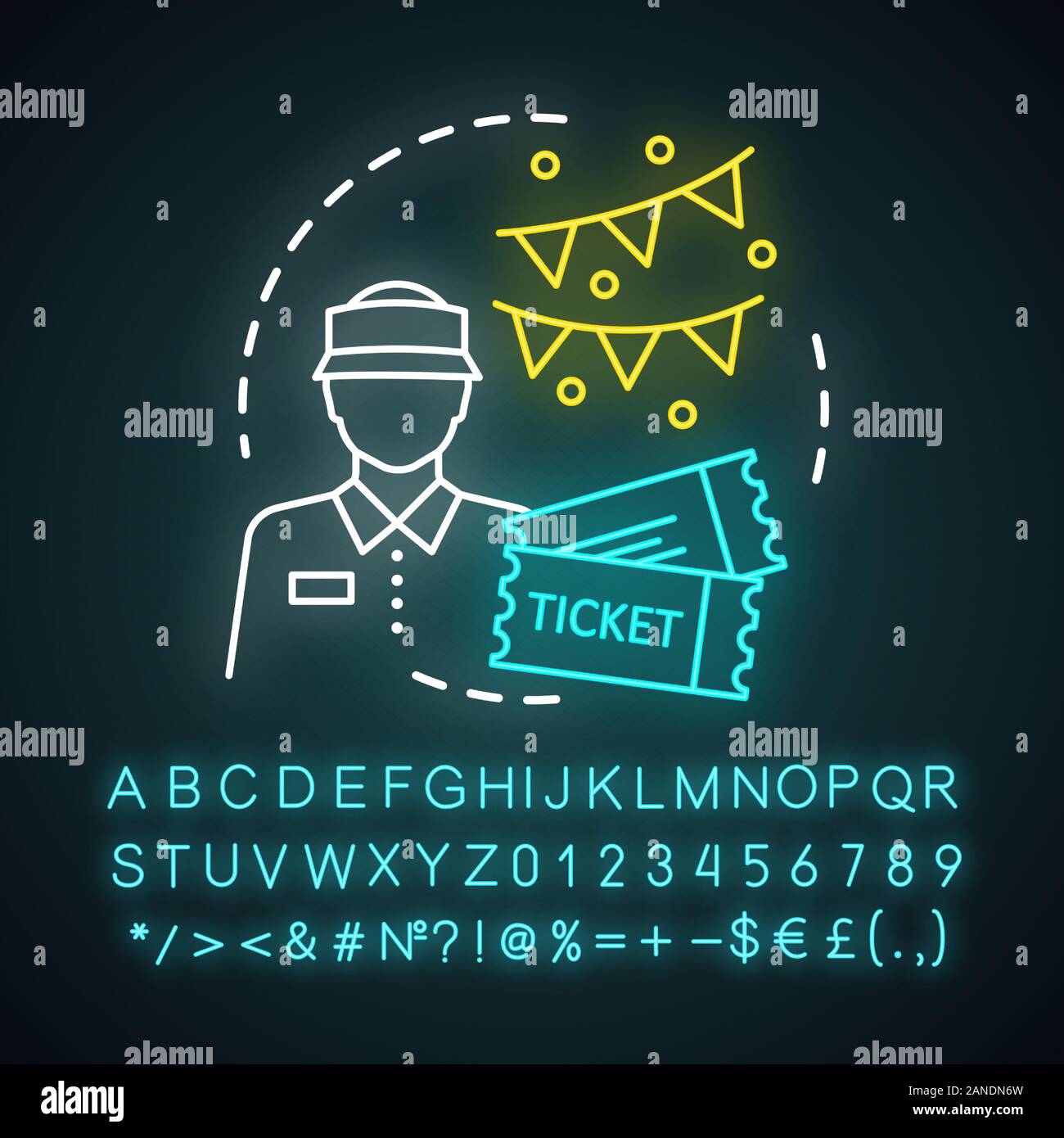 Amusement park worker neon light icon. Summer parttime job. Ticket