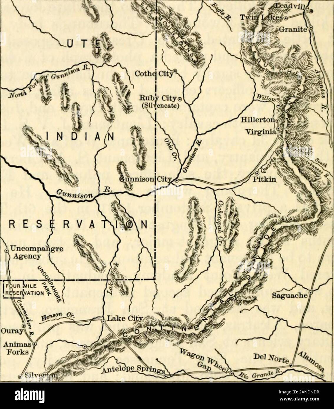 History of Nevada, Colorado, and Wyoming, 1540-1888 . oote, Maryland; and from there toSan Antonio, Texas; then to Fort Brown, and toOmaha. He became major of the 4th infantry atFort Fred. Steele. Merritt reached the agency onthe 11th, finding twelve dead and mutilated bodies. 8 Others not here named were likewise killed. The twelve were N. C.Meeker, E. W, Eskridge, his clerk, a lawyer by profession, and had been abanker; W. H. Post, assistant agent and farmer; E. Price, blacksmith; FrankDresser, Harry Dresser, Frederick Shepard, George Eaton, V. H. Thomp-son, E. L. Mansfield, Carl Goldstein, Stock Photo
