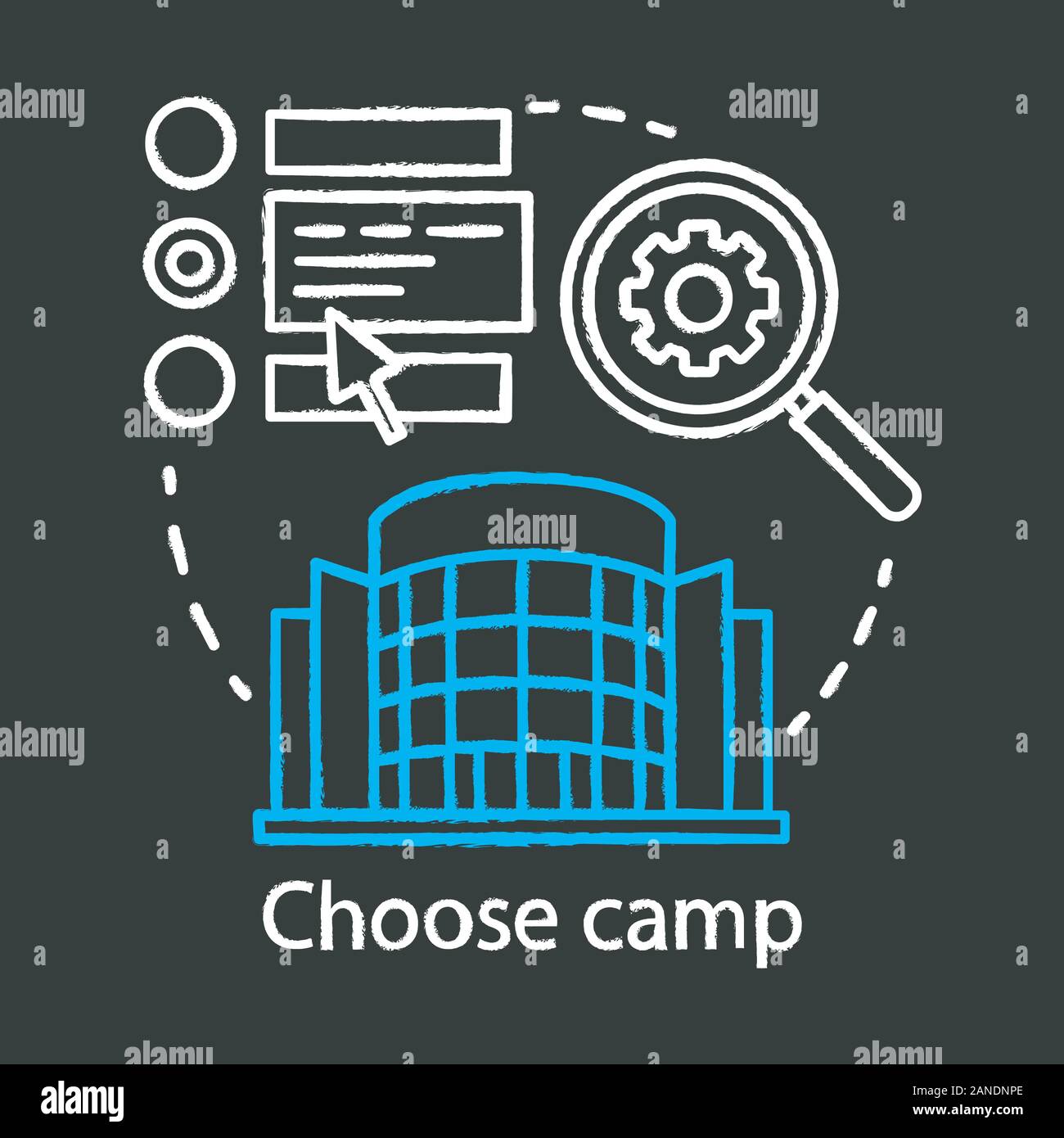 Choose, pick camp chalk concept icon. Holiday resort, interest club ...