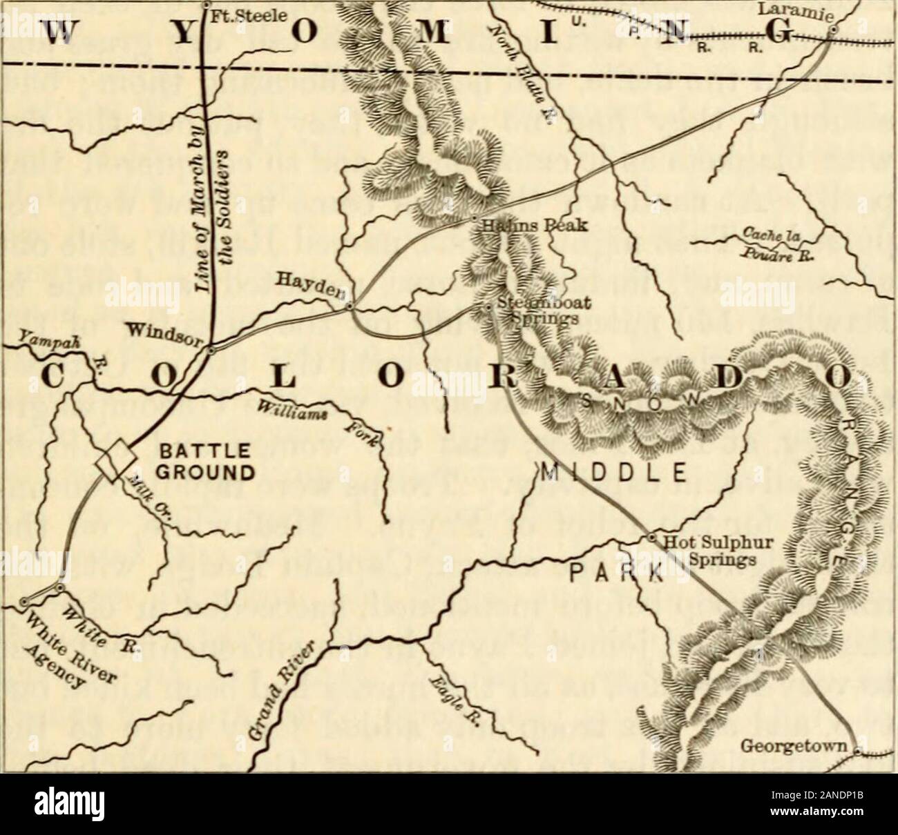 History of Nevada, Colorado, and Wyoming, 1540-1888 . the Utes at Milk creek on theevening of the 29th. On the morning of the 29th, a large number set offwith the alleged object of having a hunt, taking theirrifles and ammunition. The ordinary affairs were be-ing transacted with less than customary friction, ow-ing to the absence of so many turbulent spirits, whenat about one oclock the lio-htenino; fell out of a clearsky. A runner from Milk creek brought the newsthat a battle was going on between the troops andIndians at that place. This information was not im-parted to Meeker, but half an ho Stock Photo