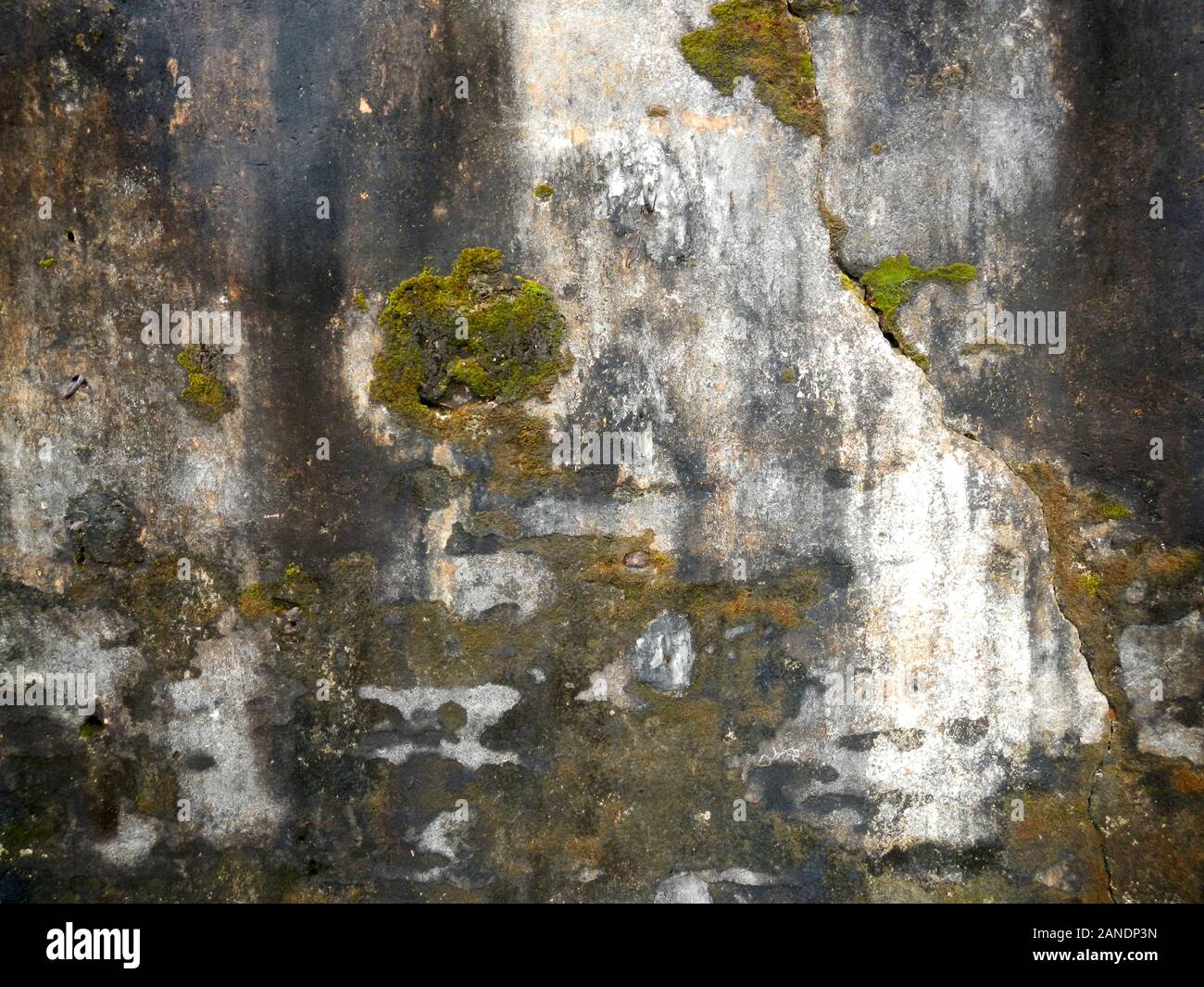 Grunge brickwork wall texture with moss render and bullet holes Stock Photo