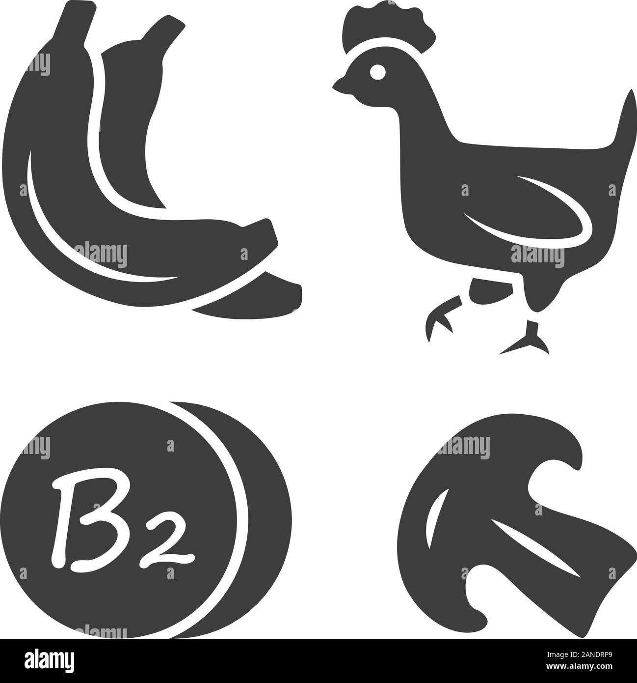 Vitamin B2 glyph icon. Bananas, poultry and mushroom. Healthy eating. Riboflavin natural food source. Minerals, antioxidants. Silhouette symbol. Negat Stock Vector