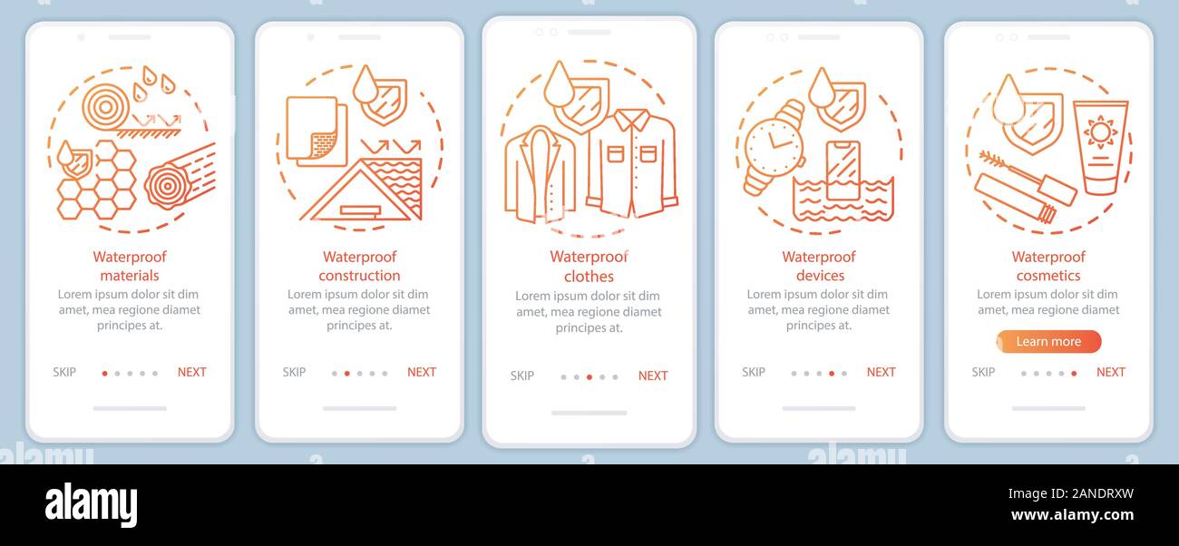Waterproof produce onboarding mobile app page screen with linear concepts. Moisture resistant material, cosmetics walkthrough steps graphic instructio Stock Vector