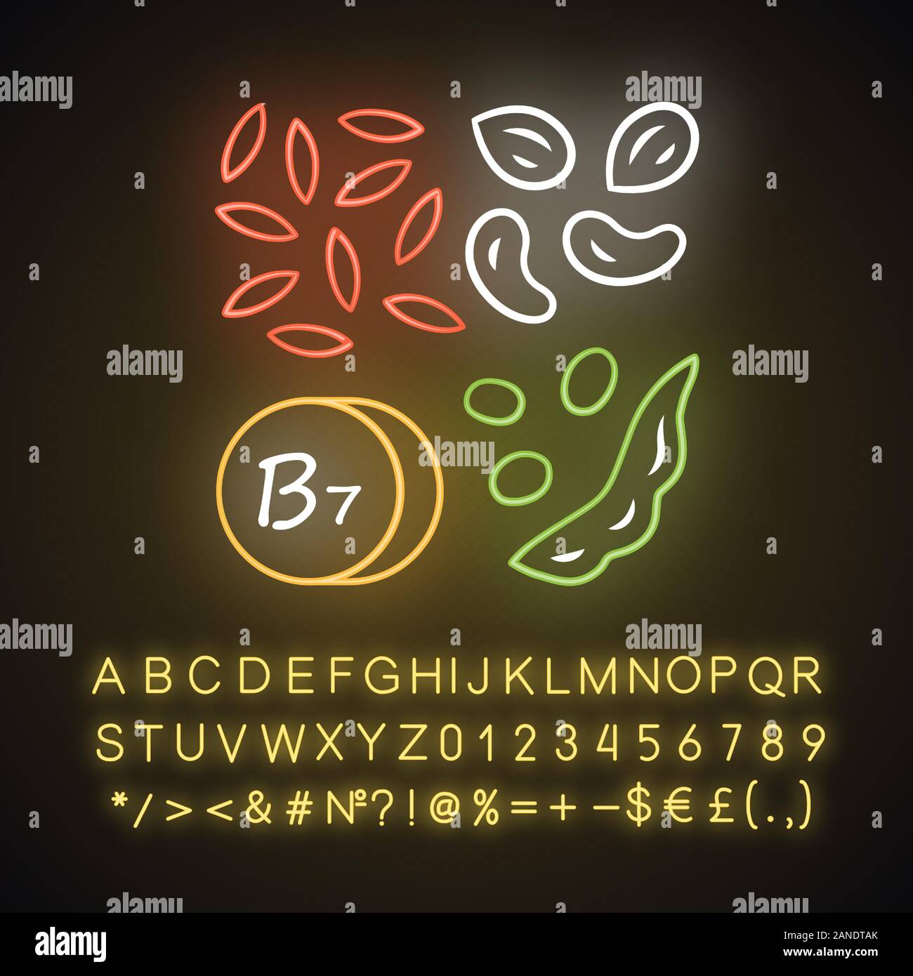 Vitamin B7 neon light icon. Almonds and peanuts. Nuts and peas. Biotin