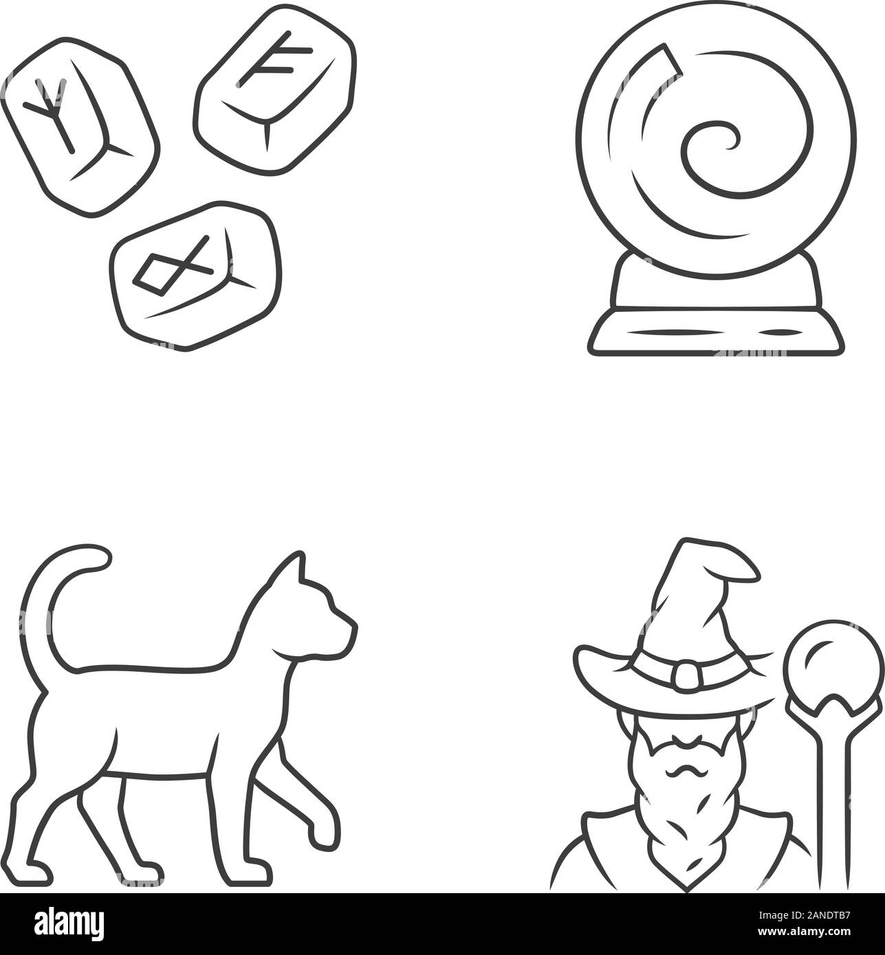 Magic linear icons set. Runestones, fortune telling crystal ball, witch ...