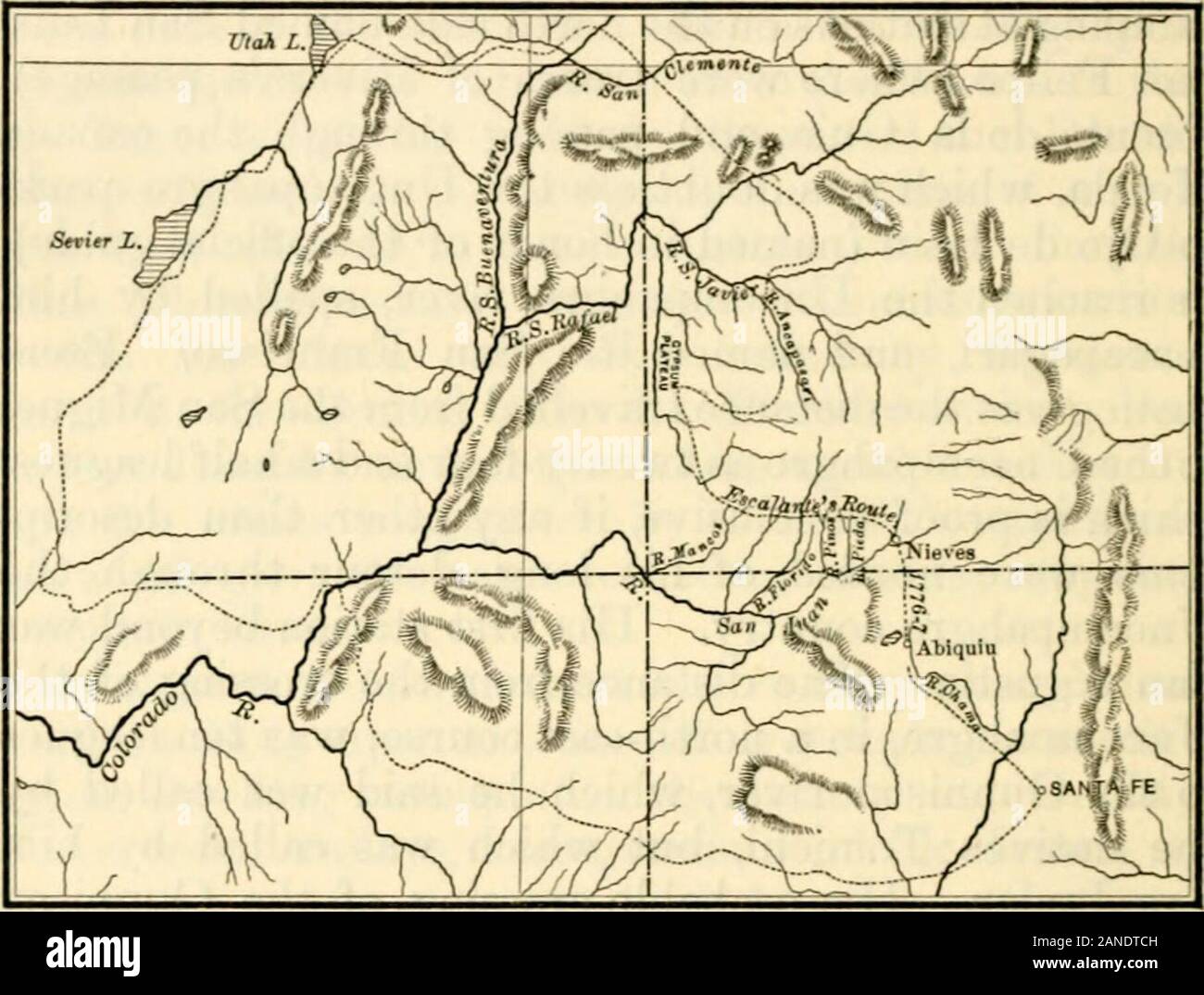 History of Nevada, Colorado, and Wyoming, 1540-1888 . ^ of Utali, having spent a littlemore than two mouths on the journey, and travelled. Escalantes Routb. from the Dolores 86J leagues. In two places on hisroute Escalante mentioned other roads, and especiallythat there was a shorter way from the Gunnison tothe Grand river than the one he was taking. Hecrossed this road near the stream he called SantaRosalia. Beyond White river be found hills ofloose slate, passed through a long cafion, on the wallof which were painted three shields and a spear, andtwo warriors in combat ; saw veins of metal, Stock Photo