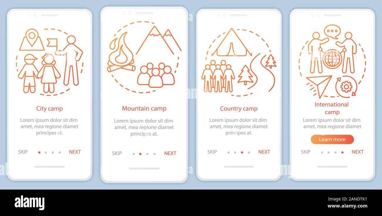 Travelling, nature camps onboarding mobile app page screen vector ...