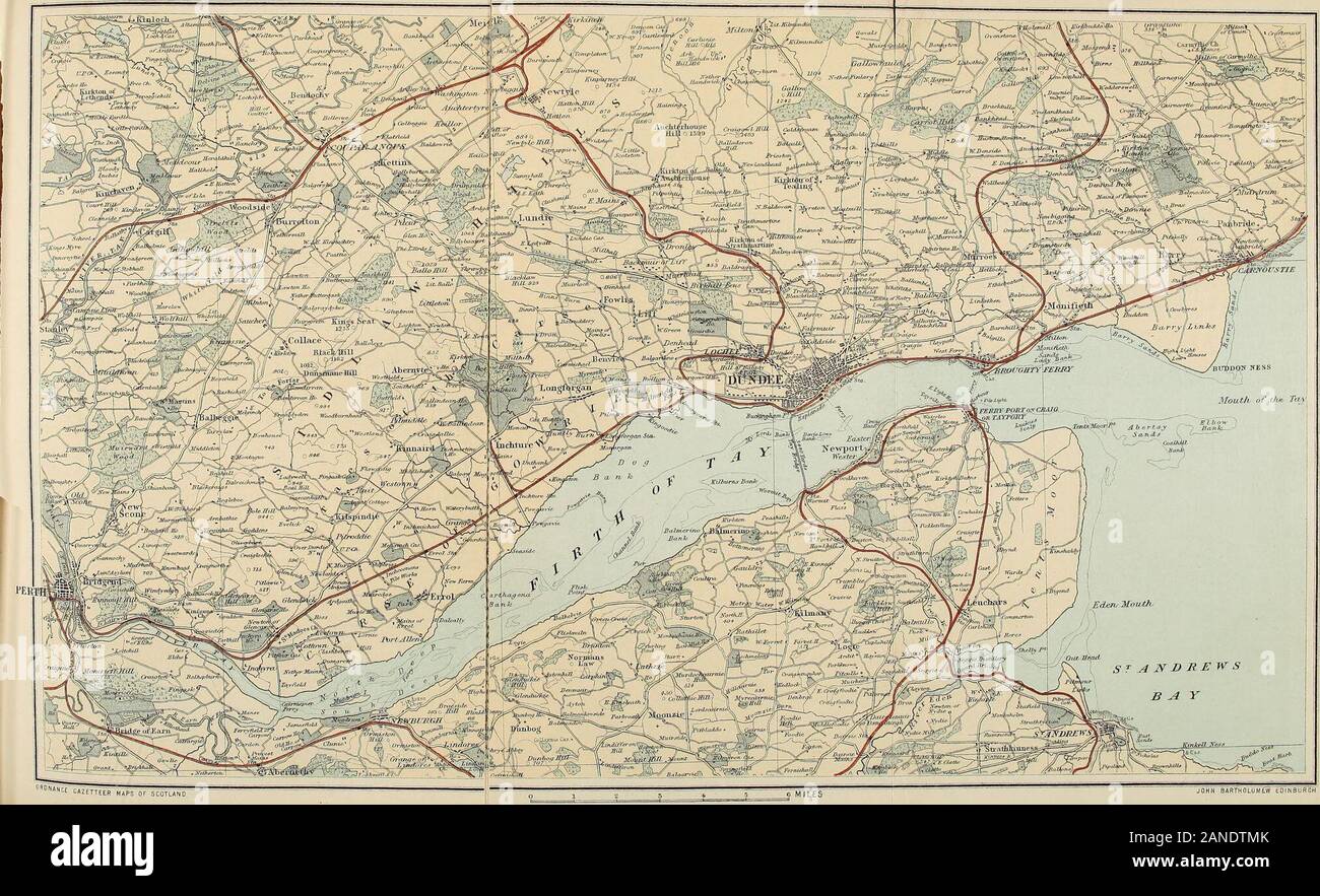 Ordnance gazetteer of Scotland : a survey of Scottish topography, statistical, biographical and historical . itopposite Perth, to be at the rate of 3640 cubic feet persecond. The river, as represented on a map, or imaginedafter a survey of the vast district which composes its basin,appears emphatically the many-headed Tay ; and, inconsequence of its great feeders coming down like themain arteries on a half-moon-shaped leaf, it has lessinequality in its stream than occurs in either the Speyor any other of our Highland rivers. The variety ofits origin, too, affords such a compensation of rain as Stock Photo