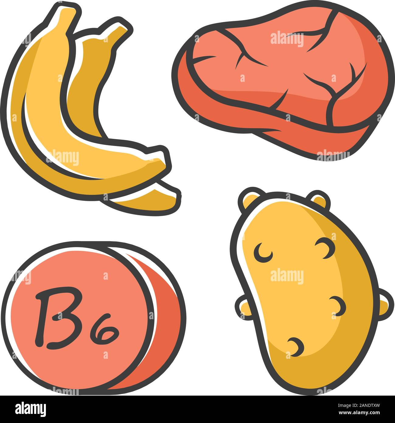 Vitamin B6 color icon. Meat, banana and potato. Healthy eating