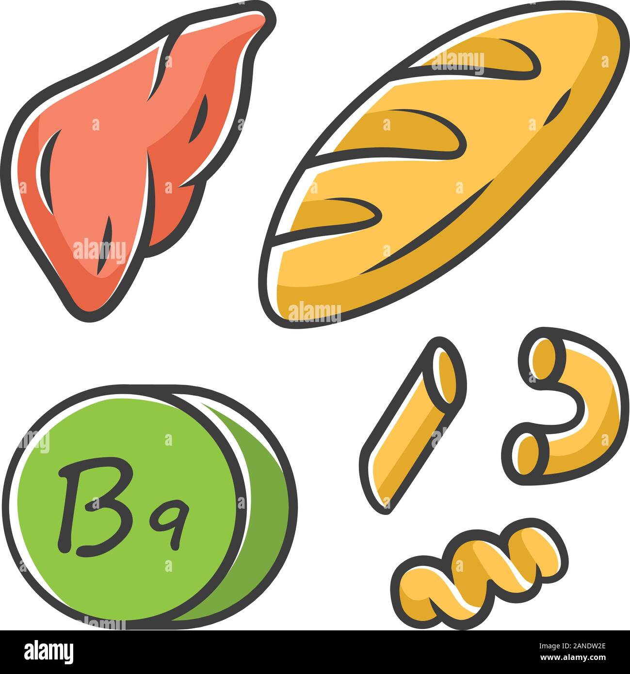 Vitamin B9 green, yellow color icon. Bread, liver and pasta. Meat and ...