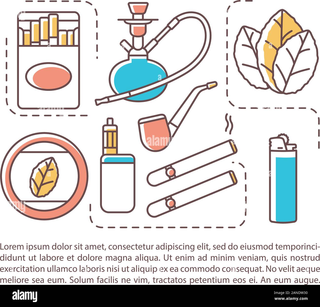 Tobacco industry article page vector template. Smoking products. Brochure, magazine, booklet design element with linear icons and text boxes. Print de Stock Vector