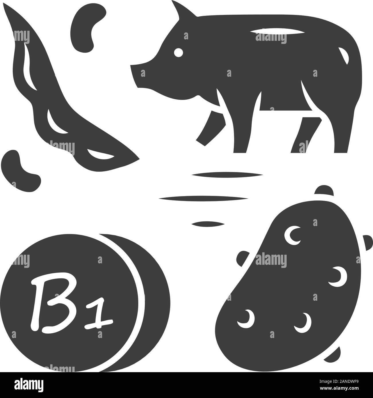Vitamin B1 glyph icon. Potato, pork and green bean. Healthy eating