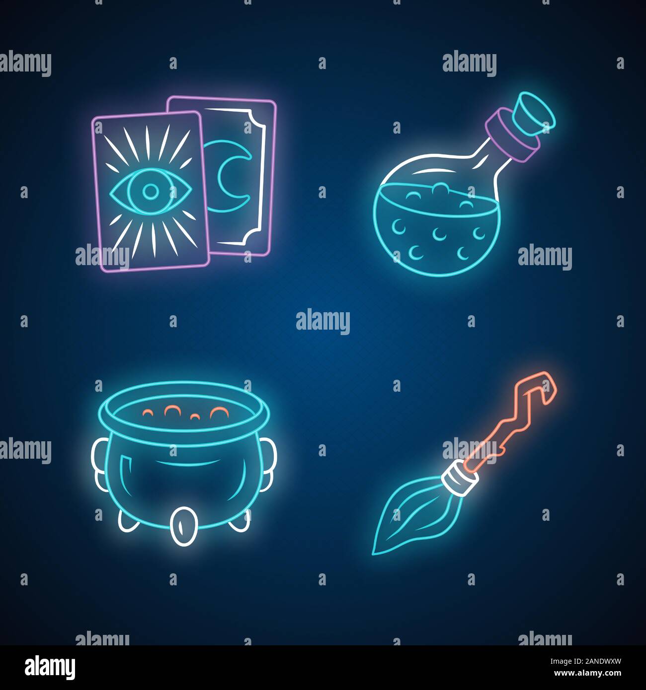 Magic neon light icons set. Tarot cards, potion, witch cauldron and