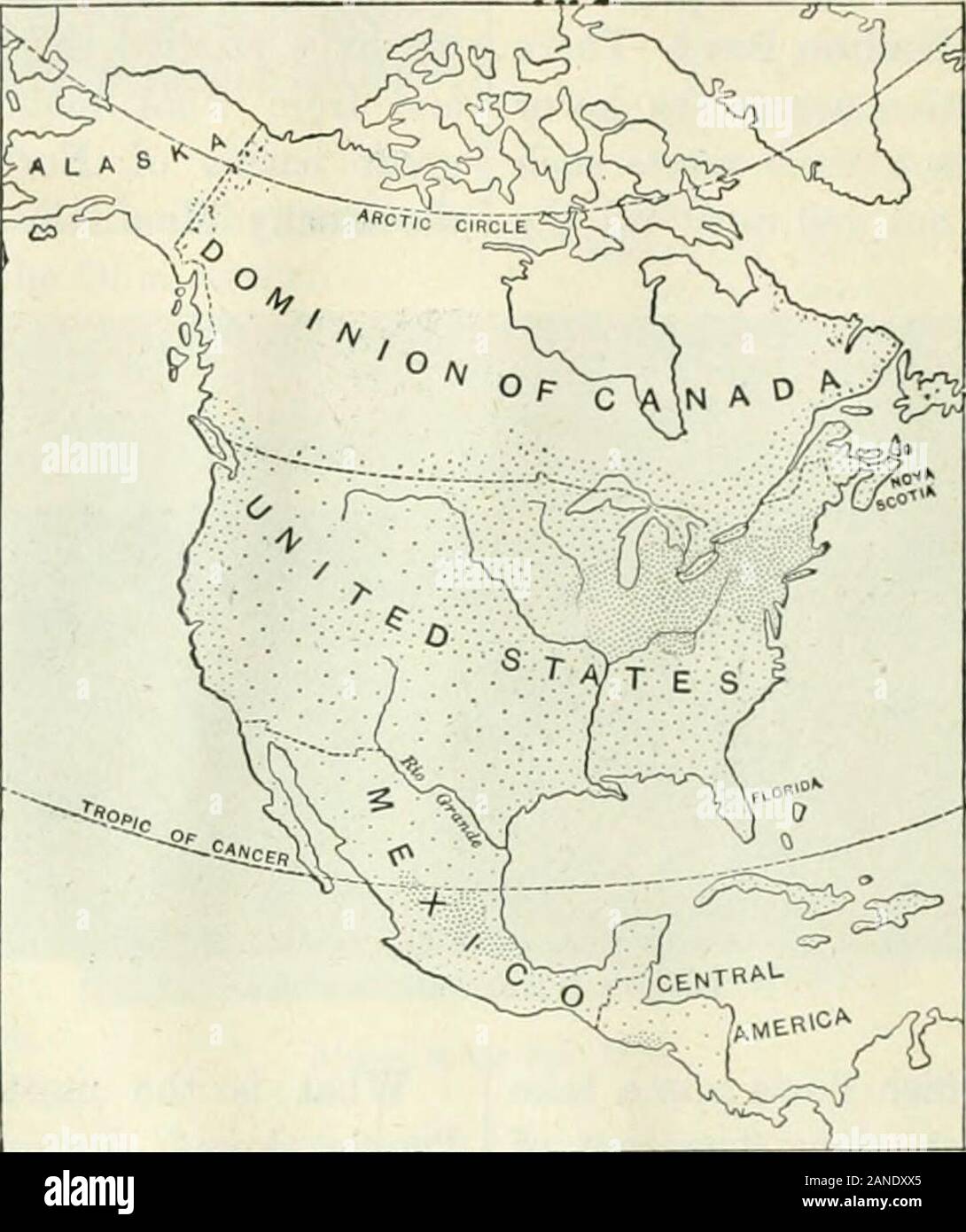 New elementary geography : adapted for use in Canadian schools . shore of North America, thp Englishpeople claimed nearlythe whole of the con-tinent, and Englandstill rules the northernpart, called the Domin-ion of Canada, inwhich we live. Findit on the map. Great Britain alsoowned the easternpart of North Amer-ica, south of Canada,and many people camefrom England to livethere. They settledall along the coastsand rivers in colonies,and more people keptcoming over from theBritish Isles for manyyears until at lastthere were thirteen of these colonies. After IGO years the countryeast of the Appal Stock Photo