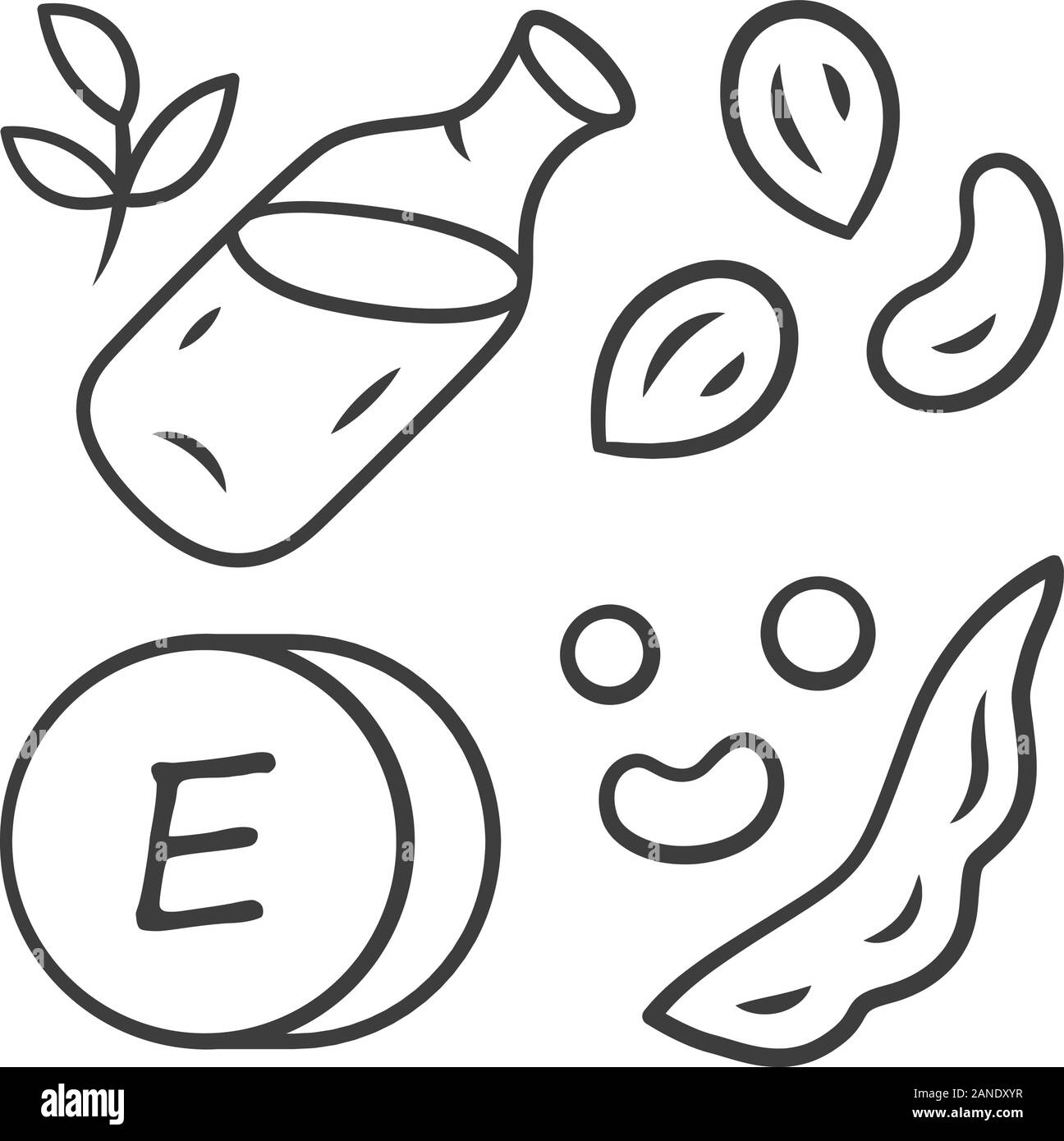 Vitamin E linear icon. Peanuts, peas and beans. Seed oil. Healthy diet. Tocopherol natural food source. Thin line illustration. Contour symbol. Vector Stock Vector