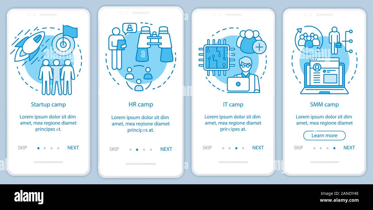 Startup, company camps onboarding mobile app page screen with linear concepts. Team building, HR training walkthrough steps graphic instructions. UX, Stock Vector