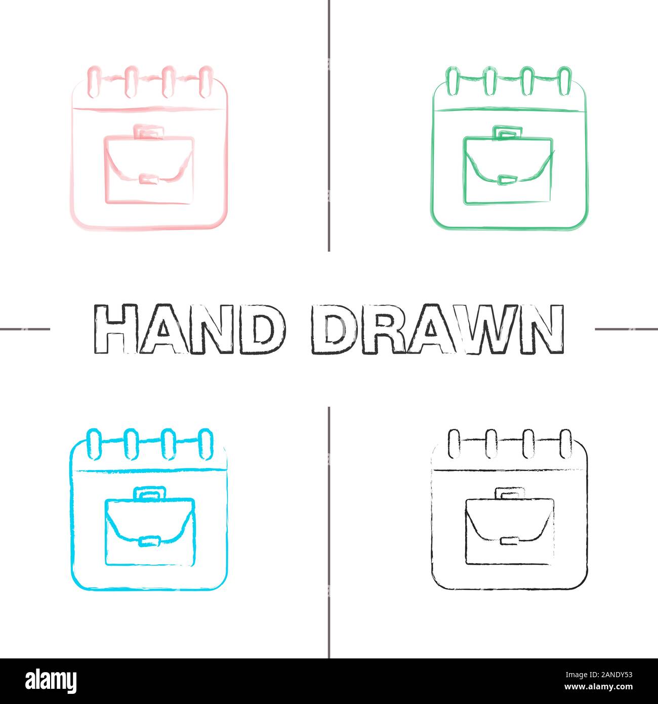 Work schedule hand drawn icons set. Calendar page with briefcase. Labor ...