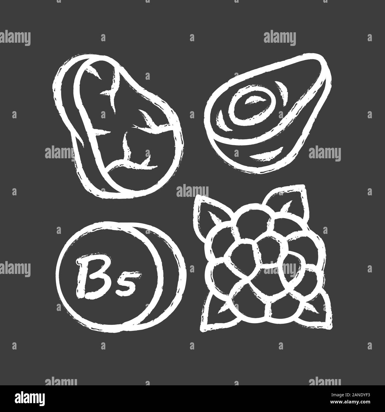 Vitamin B5 chalk icon. Meat, avocado and cauliflower. Healthy eating. Pantothenic acid natural food source. Proper nutrition. Minerals, antioxidants. Stock Vector