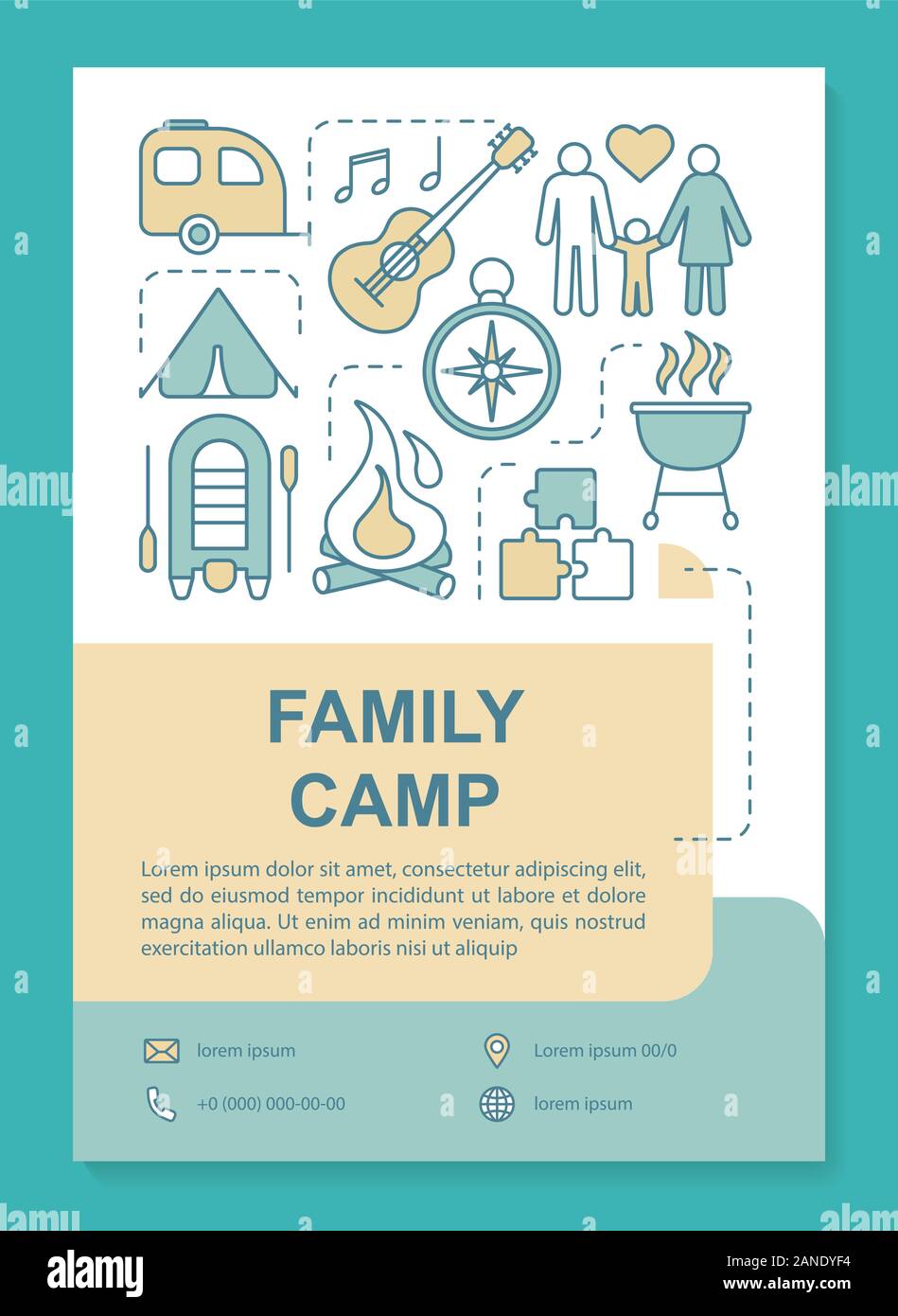 Family, outdoor camping adventure brochure template layout. Flyer