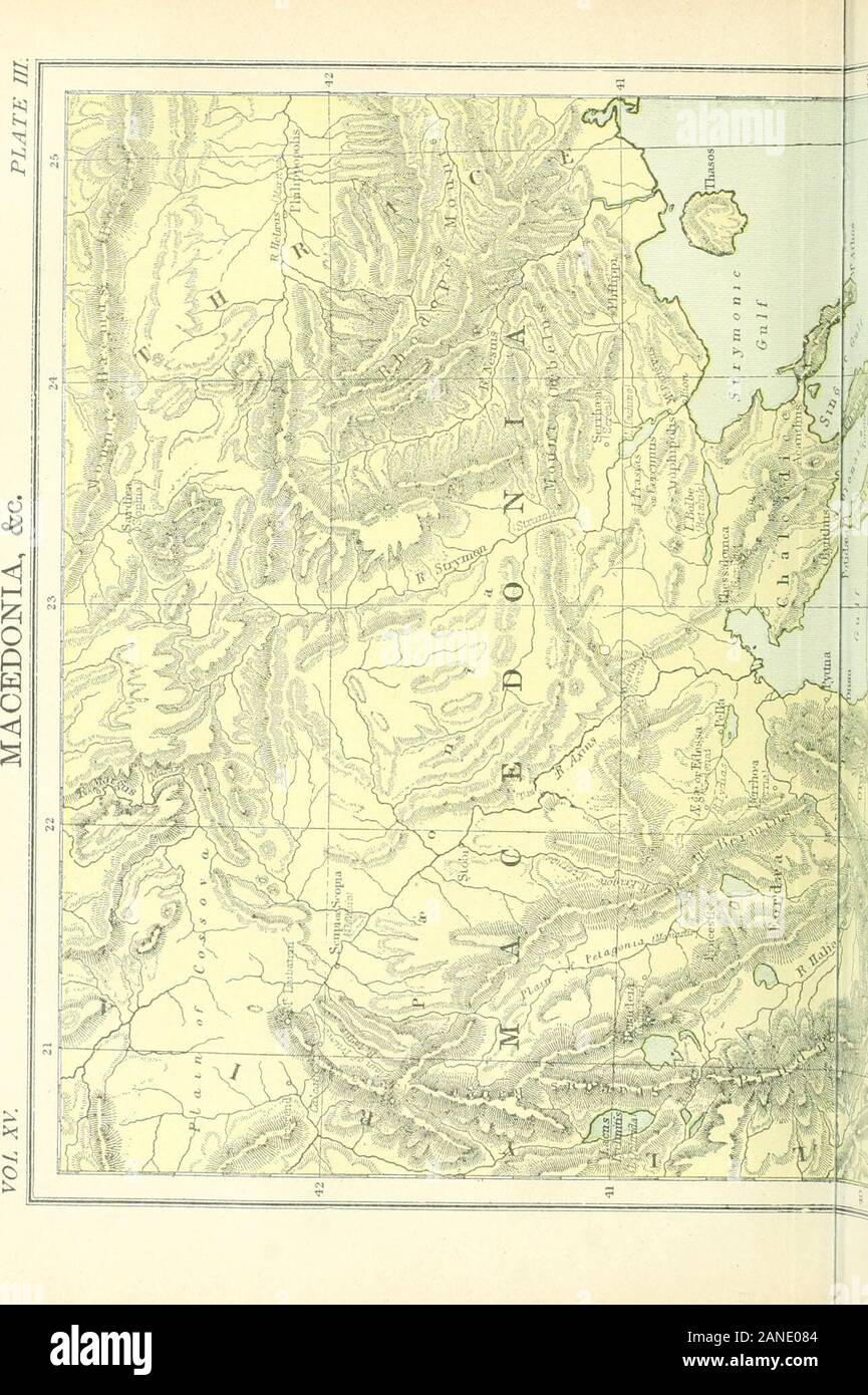 The Encyclopedia britannica; a dictionary of arts, sciences, and general literatureWith new maps, and original American articles by eminent writersWith American revisions and additions, bringing each volume up to date . om whichthe Erigon (Czerna) forces its way to join the AxiuaThis plain, which is 40 miles in length by 10 in breadth,and 1500 feet above the sea, was one of the primitiveseats of the ilacedonian race, and was suited for developinga hardy yet thriving population which might afterwardsbecome a great people. Here is laid the scene of the storyof the foundation of the Macedonian mo Stock Photo