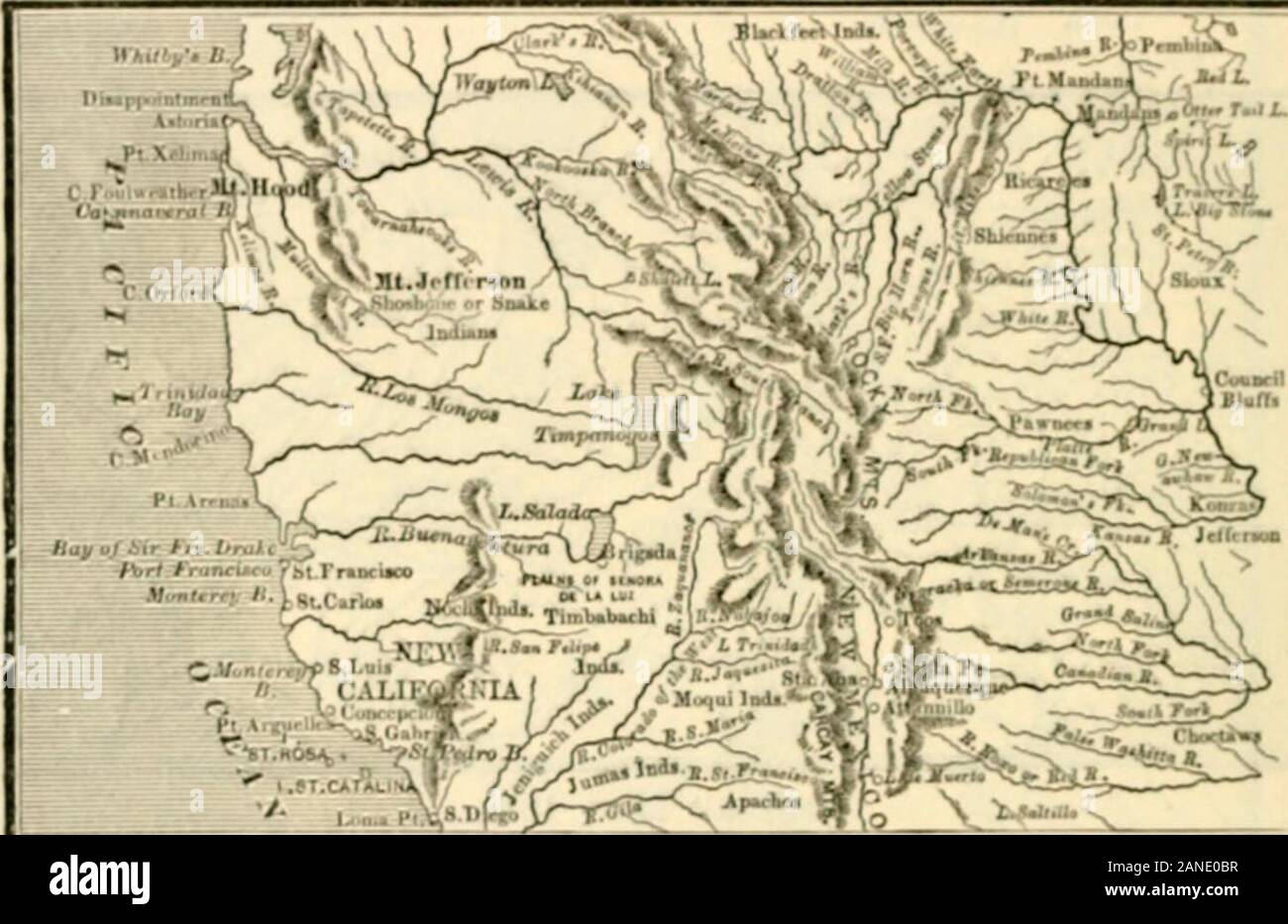 History of Nevada, Colorado, and Wyoming, 1540-1888 . in French. Book ii. contains numerous maps,with a brief description of the countries, fourteenlines being devoted to California. In a map of North America drawn to accompanyWinterbothams history, published in New York 1795,Nevada is a blank save the delineation of a streamwith its tributaries flowing eastward into a namelesslake, presumbably Great Salt Lake, the three townsof Axaas, Bagopas, and Quivira, and a section of Hist. Nev. 3 34 EARLIEST EXPLORATIONS. the Sierra Xevada from (»j&gt;poHite San Francisco Baysouthward towanl Lower Calif Stock Photo