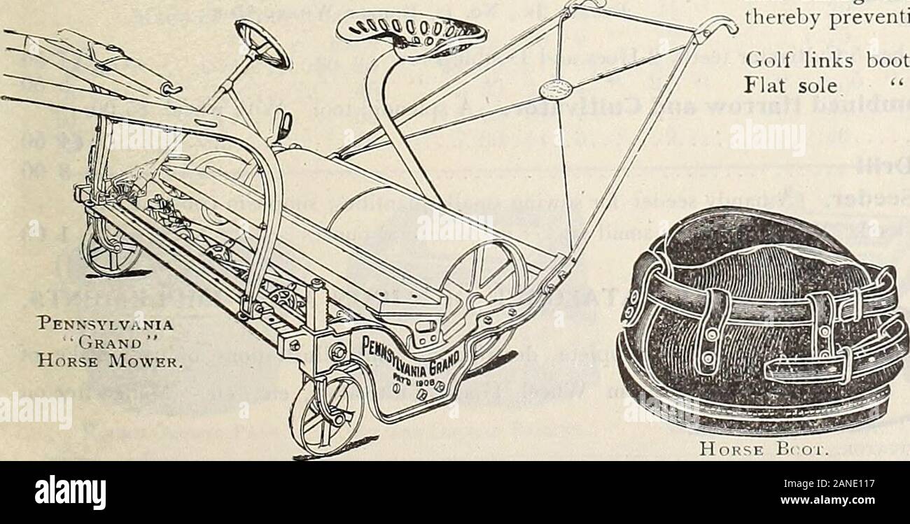 Dreer's 72nd annual edition garden book : 1910 . NIA ORAND HORSE MOWER. This machine, in addition to the good (|ualities of the well-Itnown Pennsylvania Horse Mower offered below, has somefeatures that are distinctly its own which recommend it to all who?use horse power machines. The operator, without leaving hisseat, can instantly change from low to high cut or an inter-mediate one. Fitted with handles and draft irons only, the mower can beeasily managed on a lawn broken up with trees and shrubbery,or on a small place where it is not essential for the driver to ride.30-inchcut, 4 blades, 1:65 Stock Photo