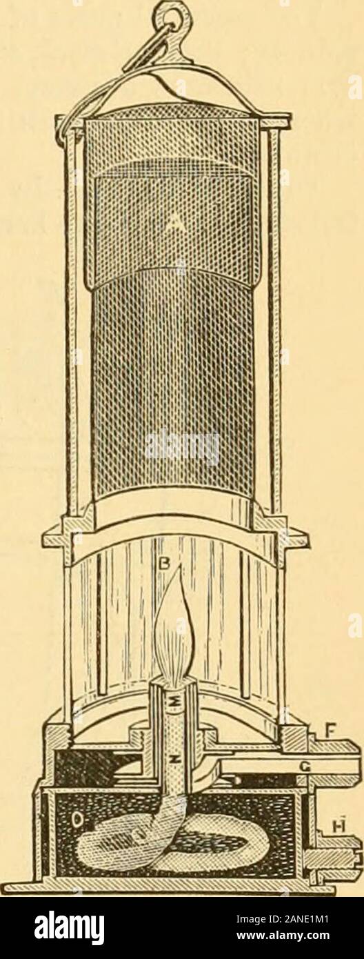 Appletons' cyclopaedia of applied mechanics: a dictionary of mechanical engineering and the mechanical arts . The outsideglass does not get so hot as in the latter; and if it breaks, there is still a perfect safety-lamp inside. Fig. 2573 shows the type of lamp known as the Clanny, with the protector principle added. Ais the wire-gauze ; B, the glass cylinder below it, bedding on the plate C, which is provided with anaperture Z&gt;, screwed to receive the extinguisher-tube 4. This tube is, in turn, provided with a coarsethread to receive the burner. The reservoir is filled with a sponge 0, in c Stock Photo