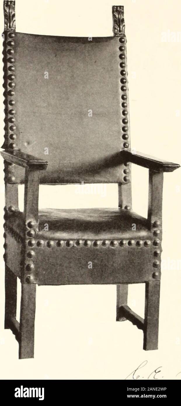 Illustrated catalogue of the exceedingly rare and valuable art treasures and antiquities formerly contained in the famous Davanzati Palace, Florence, Italy . 509—Sixteenth Century Italian Walnut Prie-dieu Chair,s-c, Back with carved side supports and sloping top-rail serves as a prie-dieu. The shaped legs are crossed and connected by turned rails. The seat is of old red velvet.. C re , t &lt;*&lt; &lt;  .510—Two Seventeenth Century Italian Walnut Armchairs 0 IIili square back, with carved and gilded acanthus-leaf finials. Straight molded arms on square supports, square legs and square side-r Stock Photo