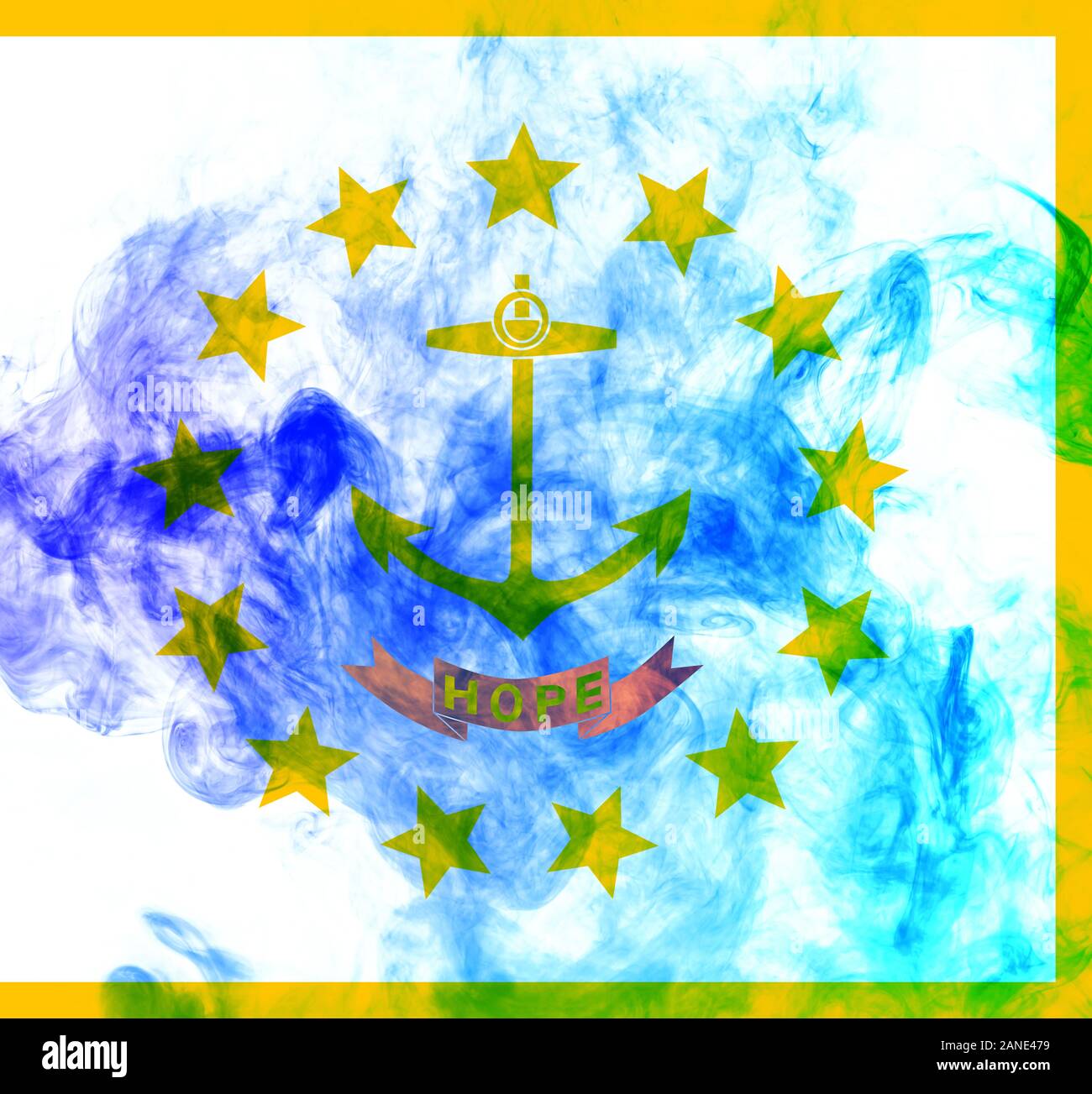 The national flag of the US state Rhode Island in against a gray smoke ...