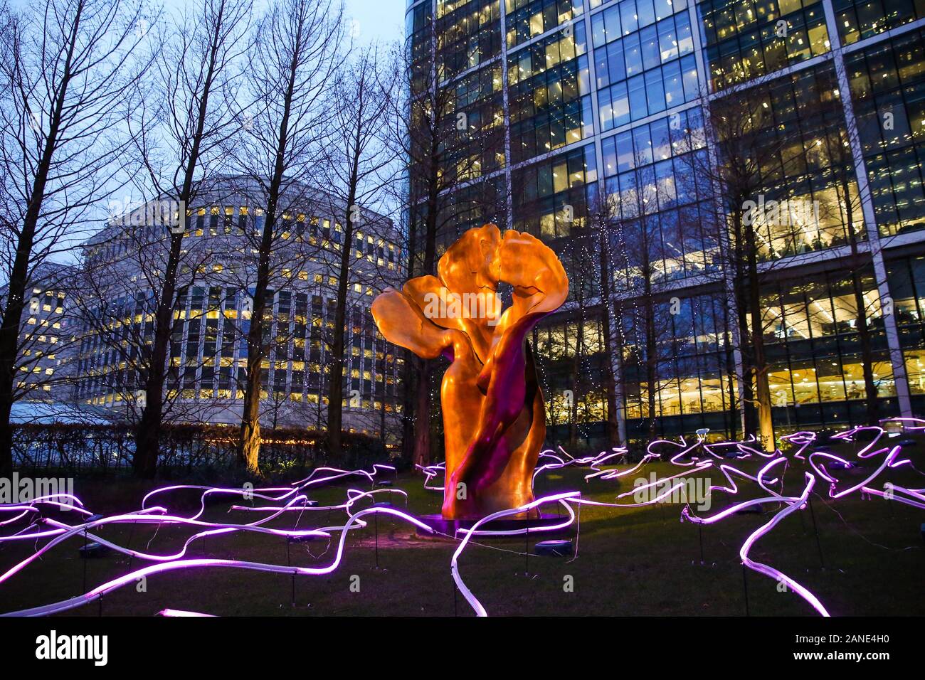 Squiggle art installation is seen during the opening day of the Canary Wharf Winter Light Festival in Docklands, London. The festival is open to public daily from 4pm to 10pm until 25 January 2020. Squiggle is a winding mass of 450 metres of digital neon tubing twisting and turning to fill Jubilee Park. This unique sensory journey is created by the artist's innovative manipulation of space and sense. Interact with the installation, an abstract reflection of this very multicultural world we live in by viewing it from all its different angles as you venture through the park. Stock Photo