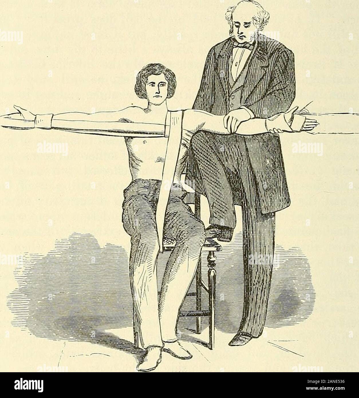 A practical treatise on fractures and dislocations . vol. xix. p. 386, Feb. 1837. Dorseys Elements ofSurgery, vol. i. p. 214. Philadelphia, 1813. 2 Smiths Med. and Surg. Memoirs, Baltimore, 1831, p. 337; also Amer. Journ. Med.Sci., July, 1861; also Amer. Med. Times, Nov. 9, 1861; paper by Stephen Rogers, M.D. 576 DISLOCATIONS OF THE SHOULDER. proceeds to give what seems to him the most effectual mode of rendering thescapula immovable, namely, to make the counter-extension from the oppositewrist. By this method the trapezii are provoked to contraction, and the scapulaof the injured side is draw Stock Photo