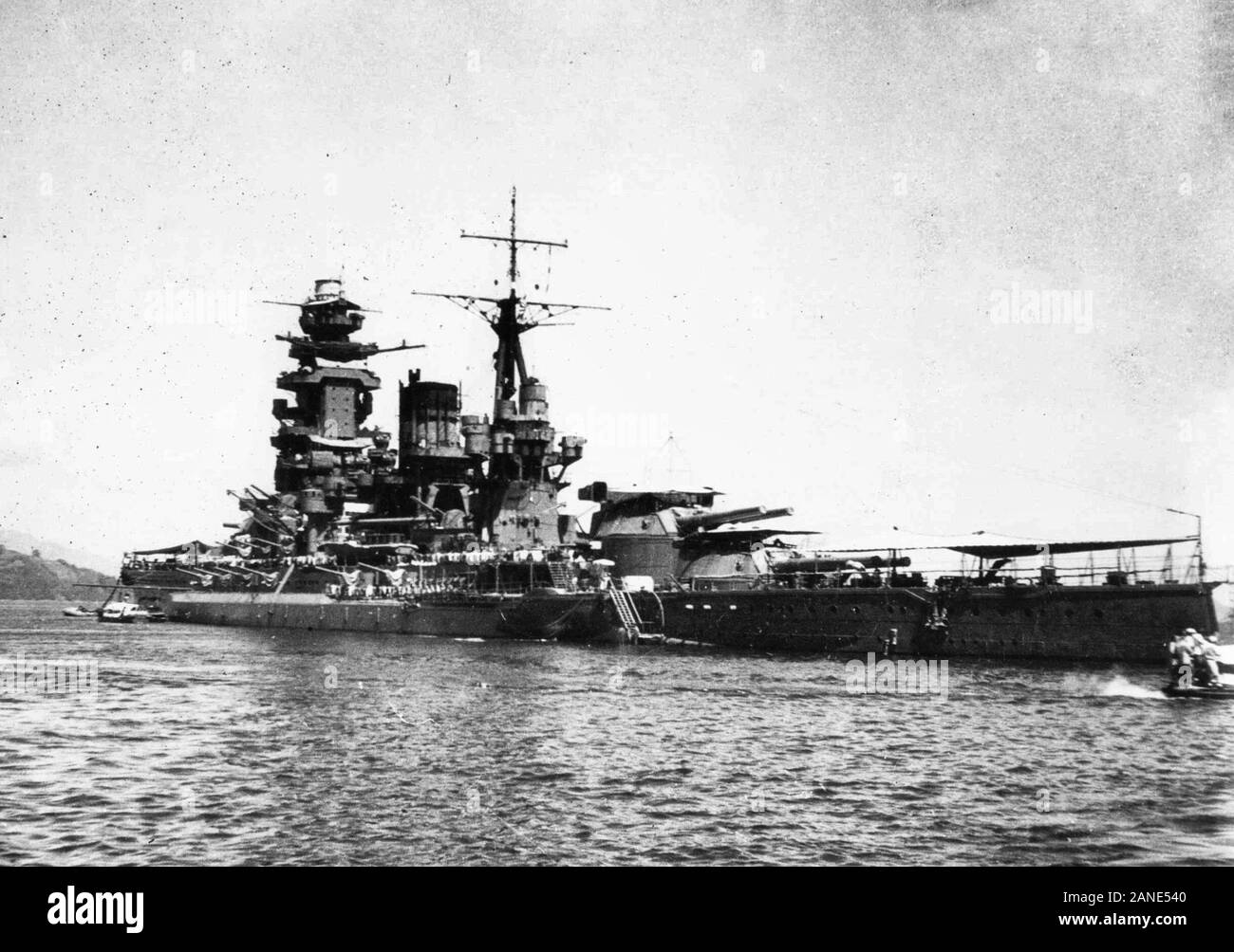 Rear oblique view of Nagato at anchor in Kure, August 1942 Stock Photo