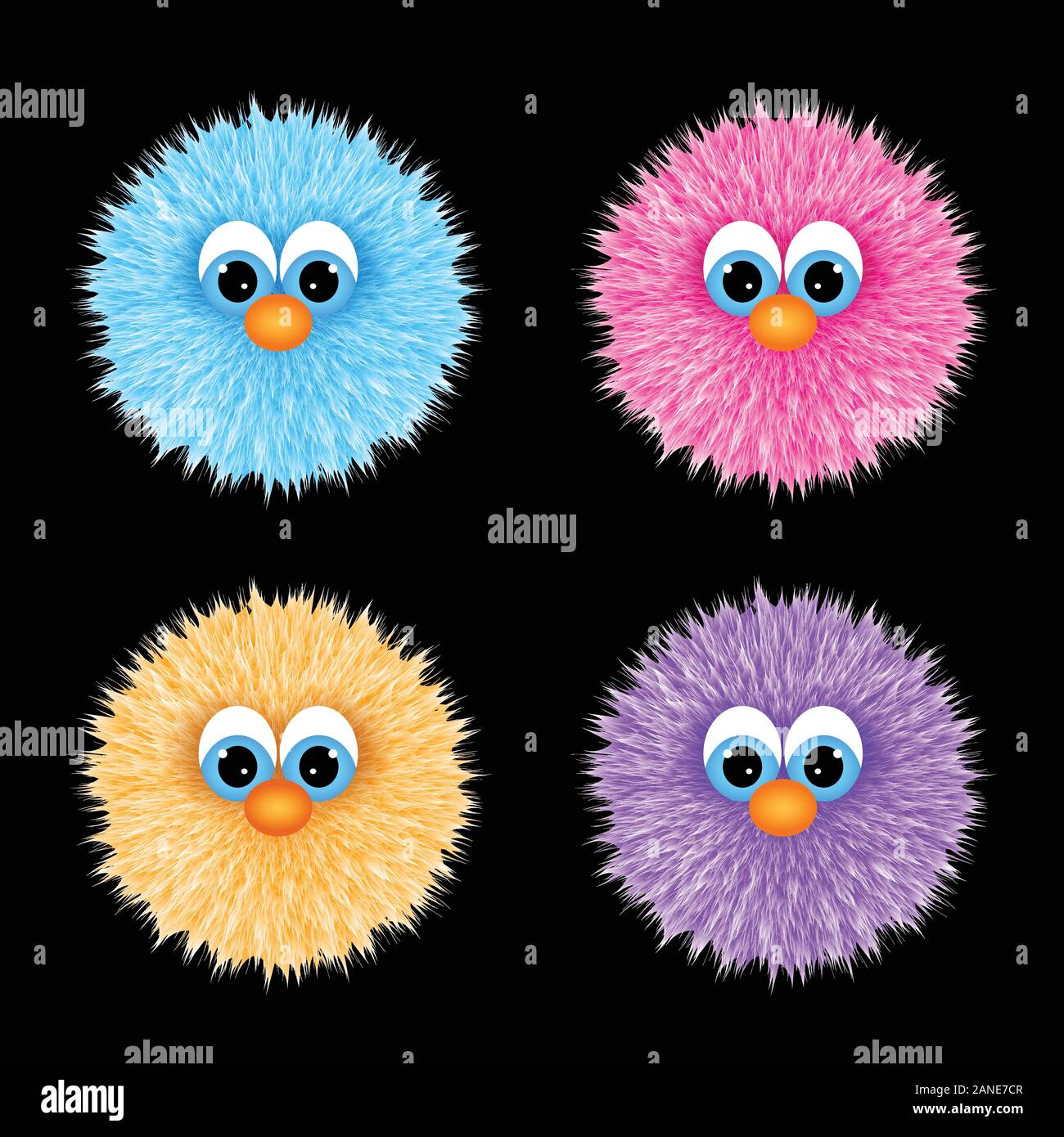 Funny cartoon character set in four colors. Cute fluffy design elements on black isolated background. Stock Vector