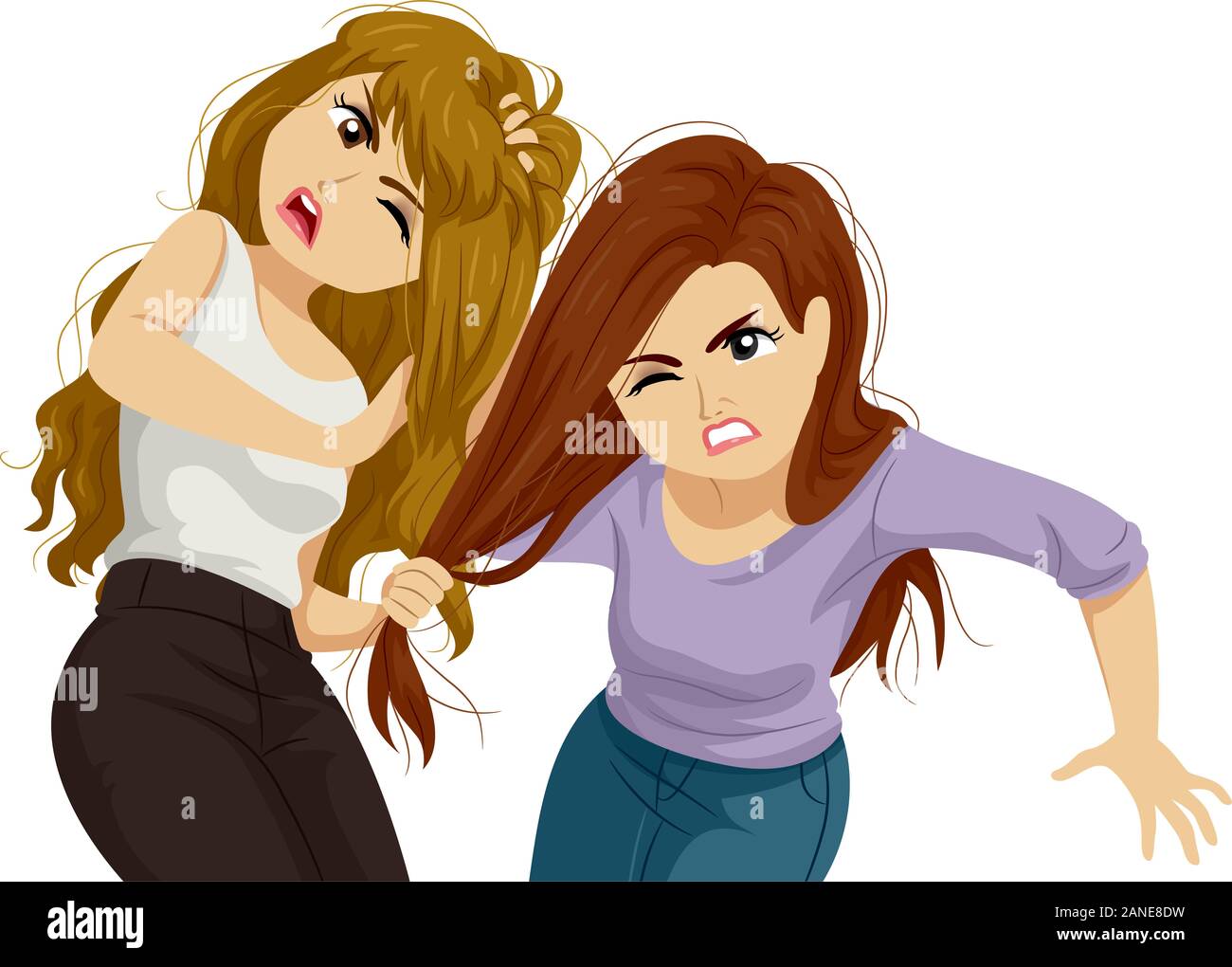 Illustration of Two Teenage Girls Fighting and Pulling Hair of