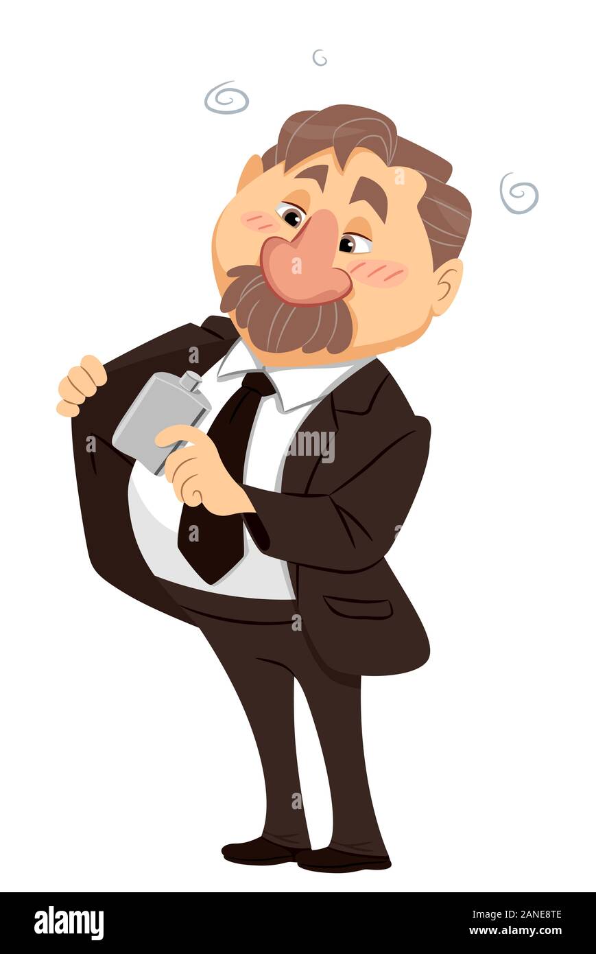 Illustration of an Alcoholic and Drunk Man Wearing Business Attire and Putting His Hip Flask in His Pocket Stock Photo