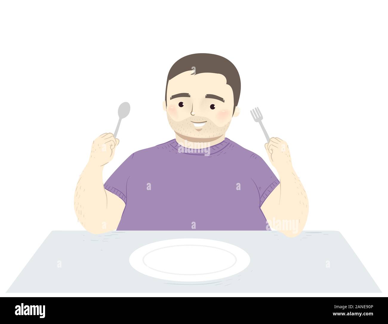 Illustration of a Fat Man Holding Spoon and Fork and Ready to Eat with an Empty Plate on the Table Stock Photo