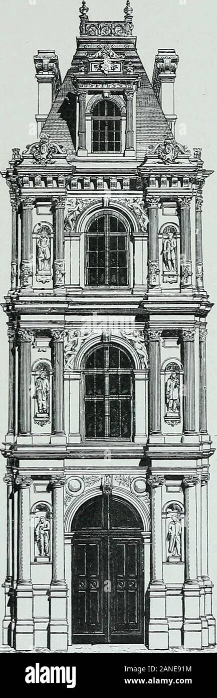 Le nouvel Hôtel de ville de Paris, 1872-1900 . de Staffarde, et dela Marsaille, (par M. Massoulle). La façade du quai, longue de80,25, est limitée à ses deux extré-mités par deux pavillons symétriques,qui reproduisent les dispositions dela façade de la place de THôtel-de-Ville, sauf que la travée de milieu com-prend des rangs de trois baies au lieudune seule, et que la lucarne en pierredu comble est, de chaque côté, accom-pagnée dun œil-de-bœuf en plombrepoussé, et de deux ouvertures rec-tangulaires en tabatière. Ces pavillonssont décorés de douze statues quireprésentent : pavillon de gauche.M Stock Photo