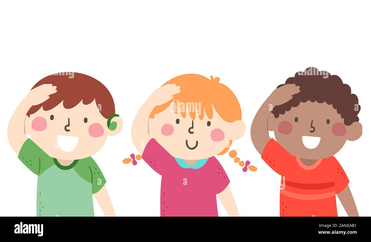 Illustration of Deaf or Mute Kids, One Wearing Assistive Listening Device, Gesturing Hello Stock Photo