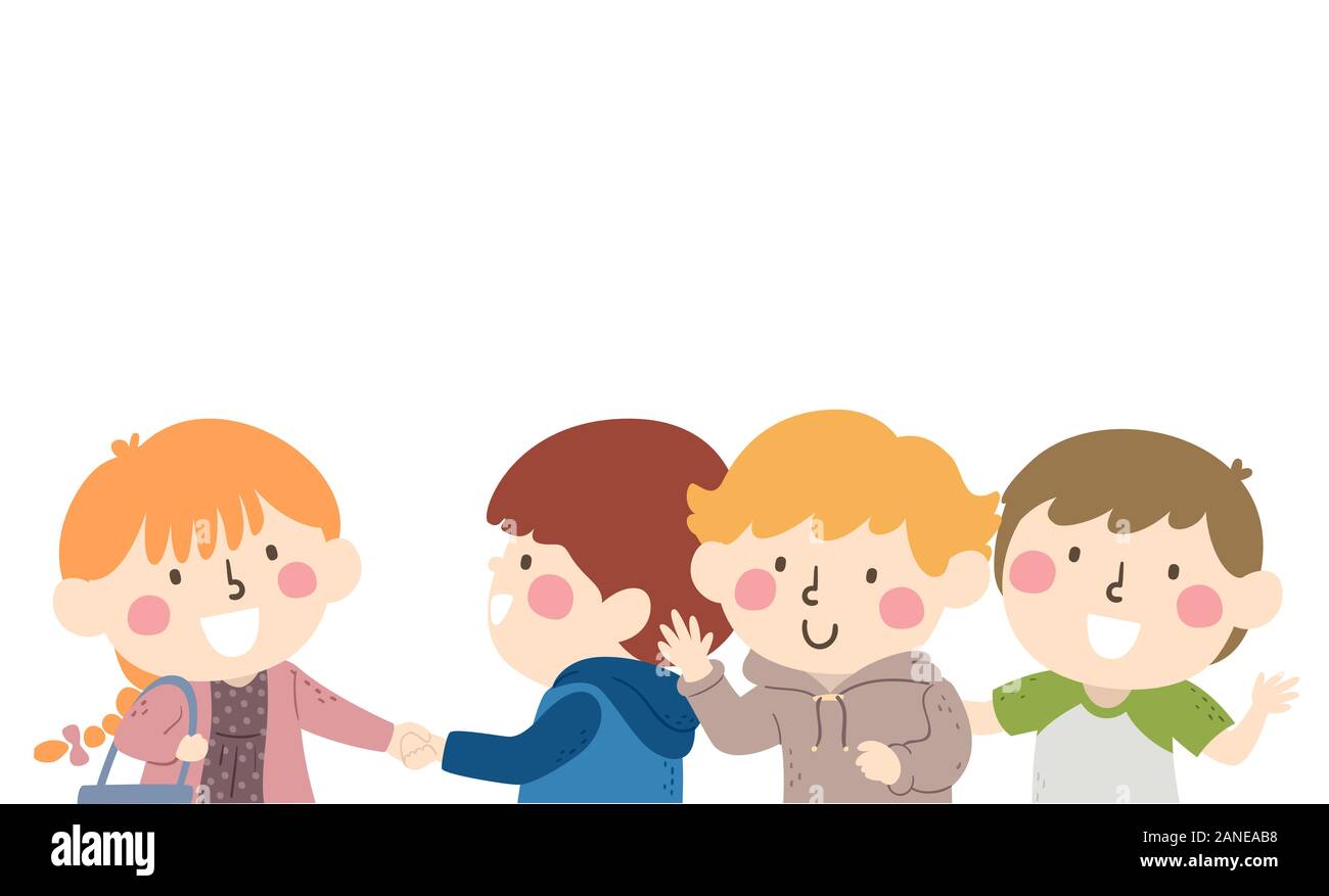 Illustration of Kids Shaking Hands, Waving and Meeting Friends Stock Photo