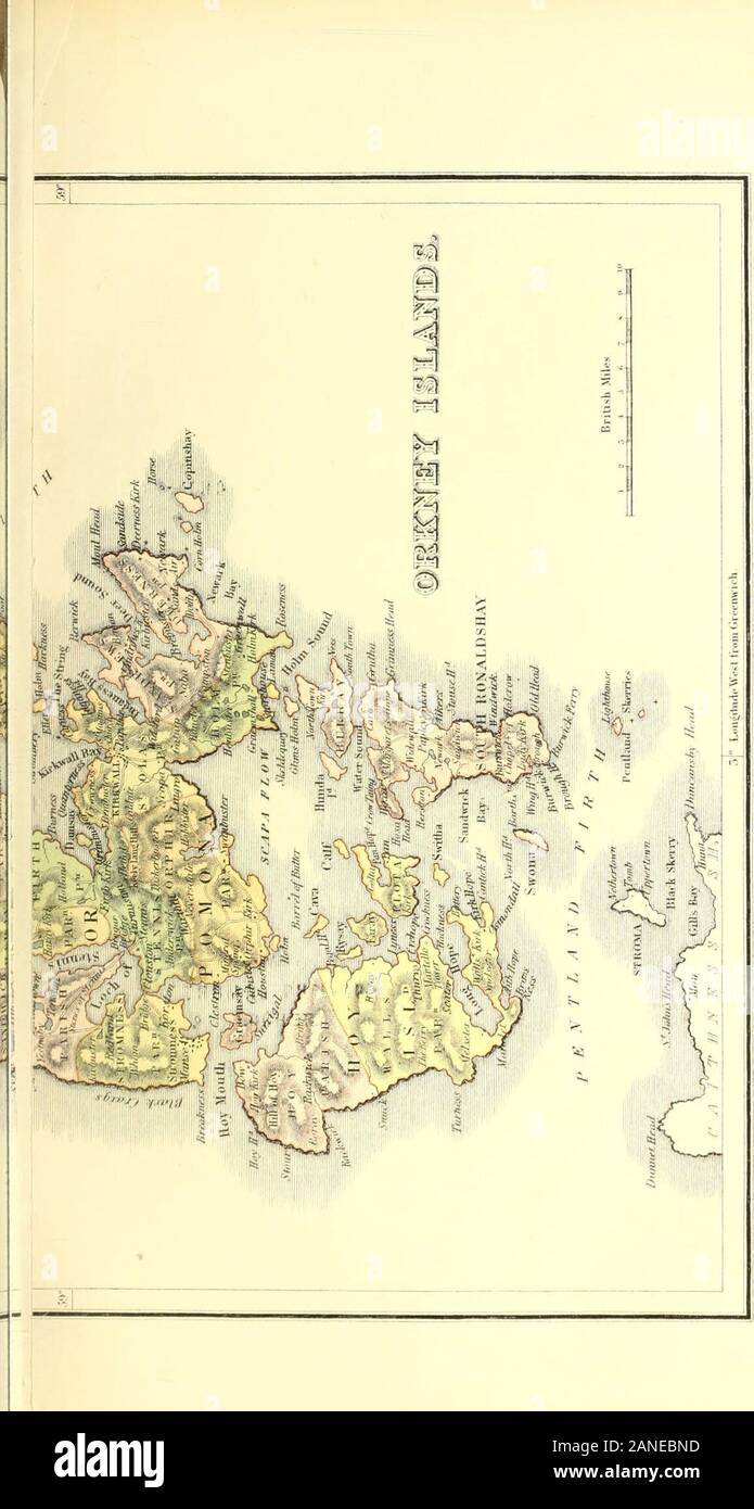 Ordnance gazetteer of Scotland : a survey of Scottish topography, statistical, biographical and historical . ORKNEY ORKNEY strait from 2 to 3 miles broad where the PentlandFirth is, with a long pointed projection passing bySwona through the Sound of Hoxa into Scapa Flow, alittle beyond Roan Head, at the NE corner of Flotta ;and from this a narrow strait, about a mile wide, wouldpass along the SW side of Hoy. If these sounds are,however, of moderate depth, their number and thebroken and winding outline of the coast are evidences ofthe hard struggle that constantly takes place betweenthe land an Stock Photo