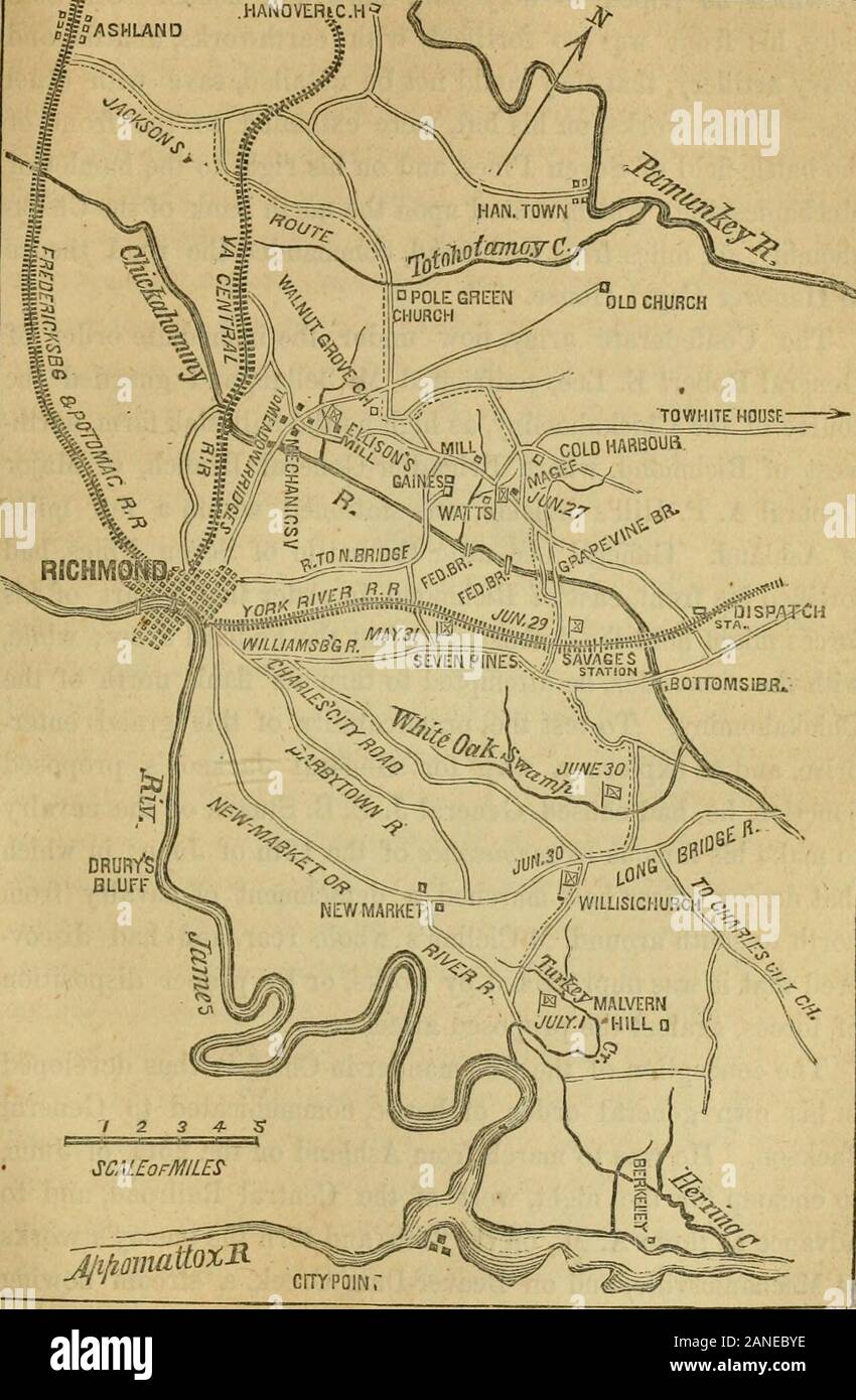 Life and campaigns of Lieut.-GenThomas JJackson, (Stonewall Jackson) . t width would indicate. During thisyear, especially, the excessive rains and repeated freshets hadconverted its little current into an important stream, its marshesinto lakes, and its rich, level cornfields into bogs. But at thedistance of half a*mile from the channel, the country on eachside rises into undulating hills, with farms interspersed irregu-larly among the tracts of forest, and the coppices of young pine.General MClellan, taking his departure from the White House,on the Pamunkcy, and using the York River Railroad Stock Photo