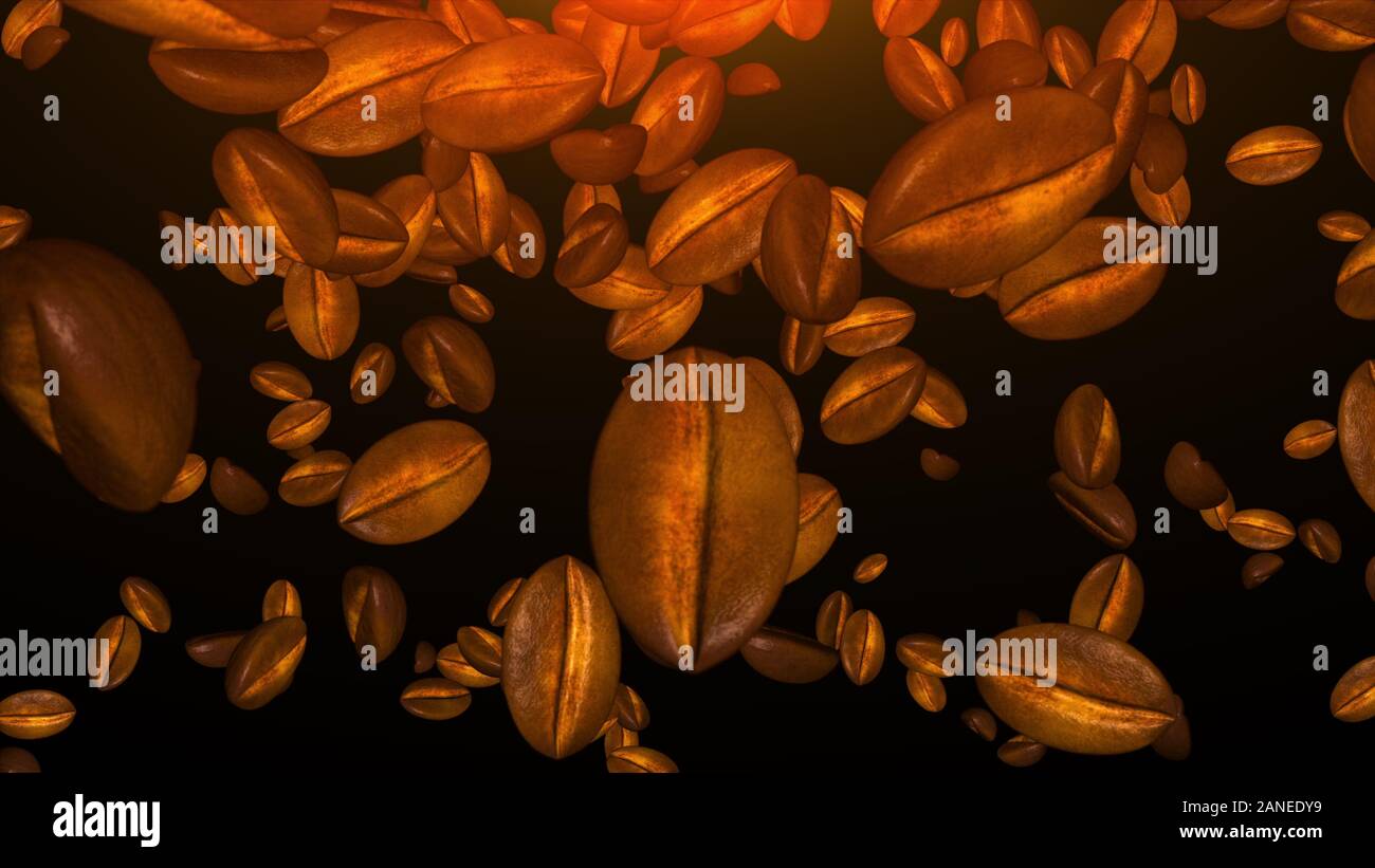 Roasted coffee beans falling down on a dark background, computer ...