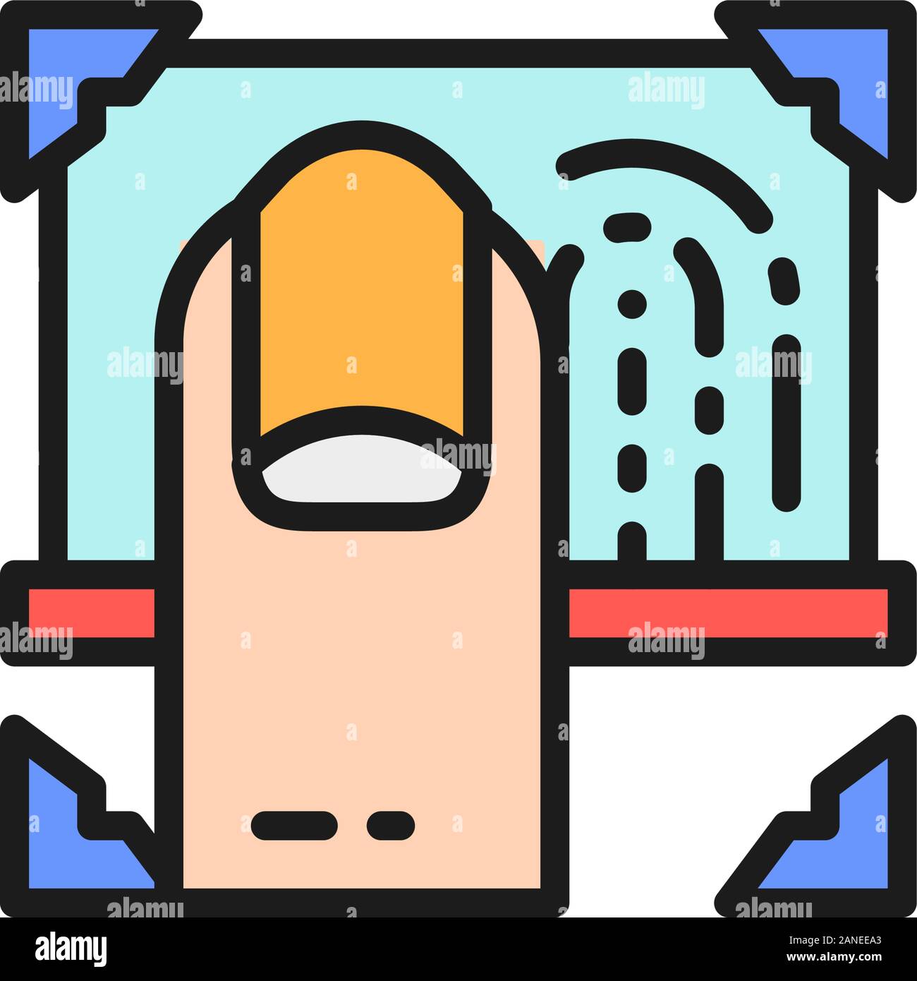 Fingerprint verification, laser scanning of fingerprint flat color line icon. Stock Vector
