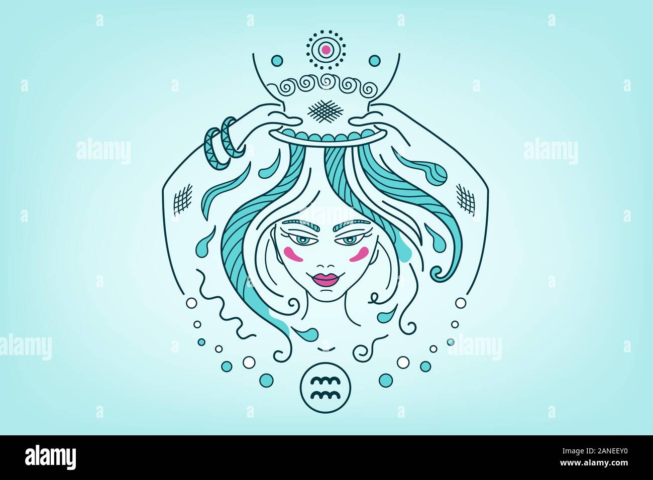 Aquarius constellation zodiac sign illustration, fantasy ornament in fairy style. Girl or woman take a shower from a pot, washing long hair. Shampoo l Stock Vector