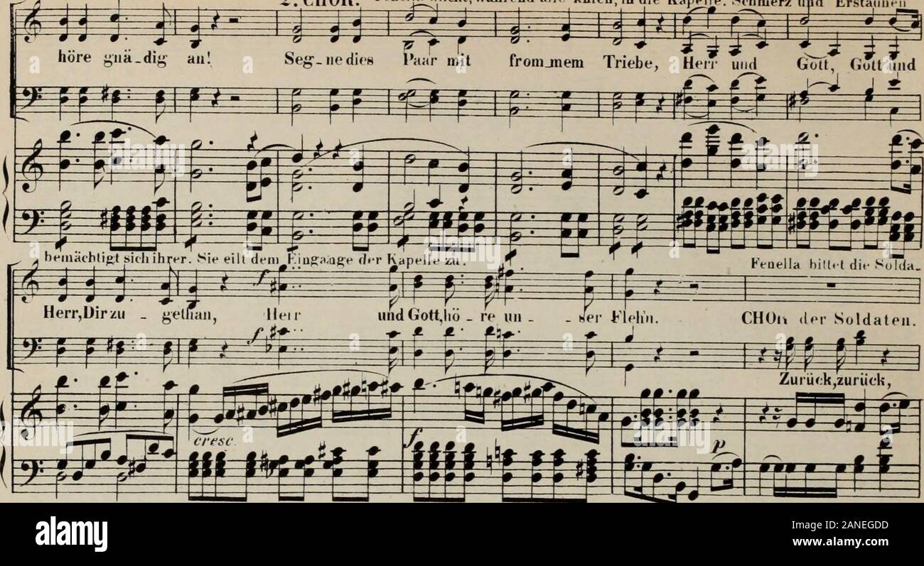 Die Stumme von Portici : grosse Oper in 5 Akten . 48 2. CHOR. rVuelja^hlickt.vtährend all« knien, in die Kapelle. Schmerz und Erstaunt. ten, sie durch zu lassen, da ihr (Tanzes t.liick daran hänge, und ist ausser sieh, nicht erklären zu können,w«s ihr Gemülhsfl SELVAAVa^finclit weiter vorzu drm . ^en,zuriick.zu. Stock Photo