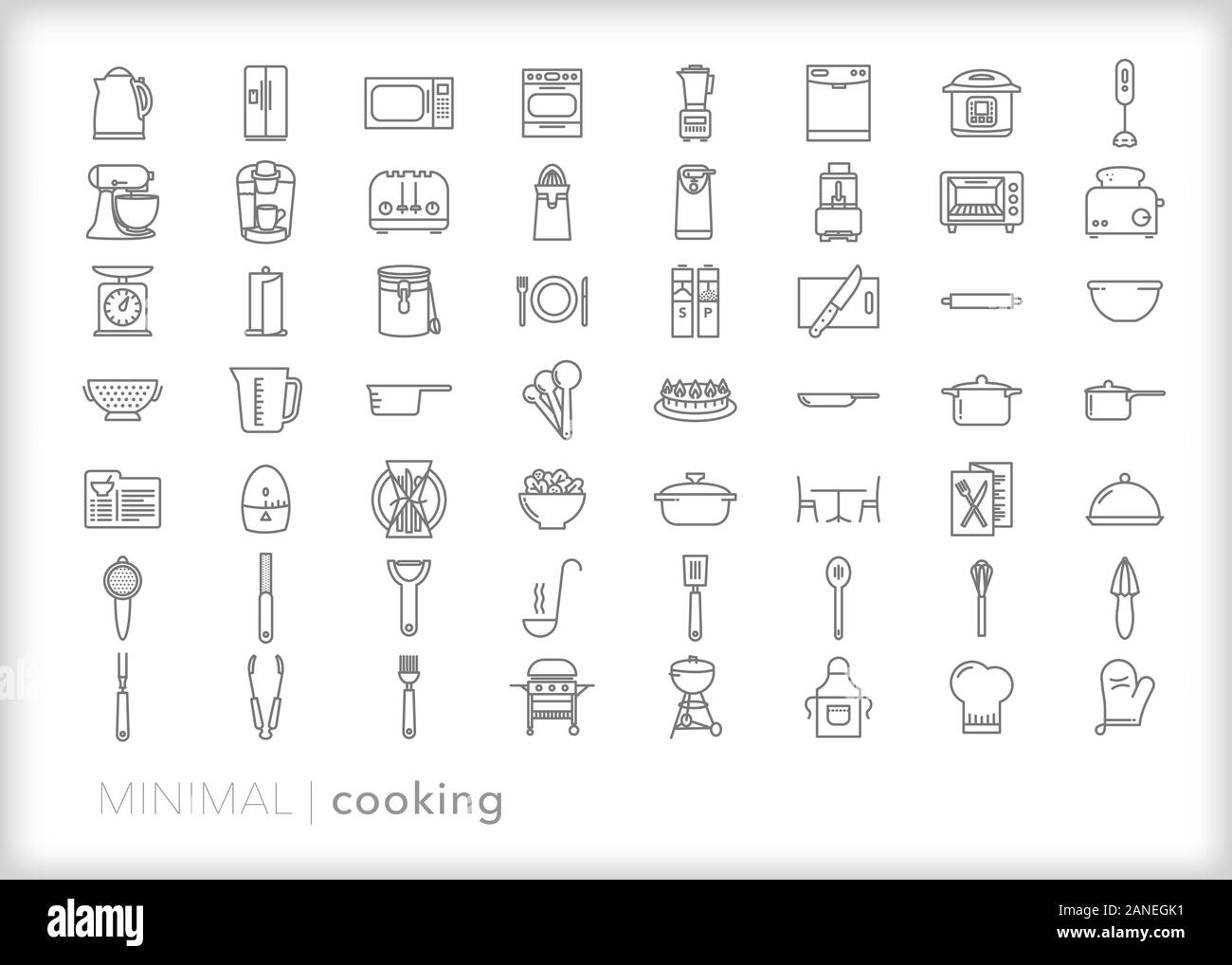 Set of more than 50 cooking line icons for food prep at home or at a restaurant, kitchen appliances, tools, and utensils Stock Vector