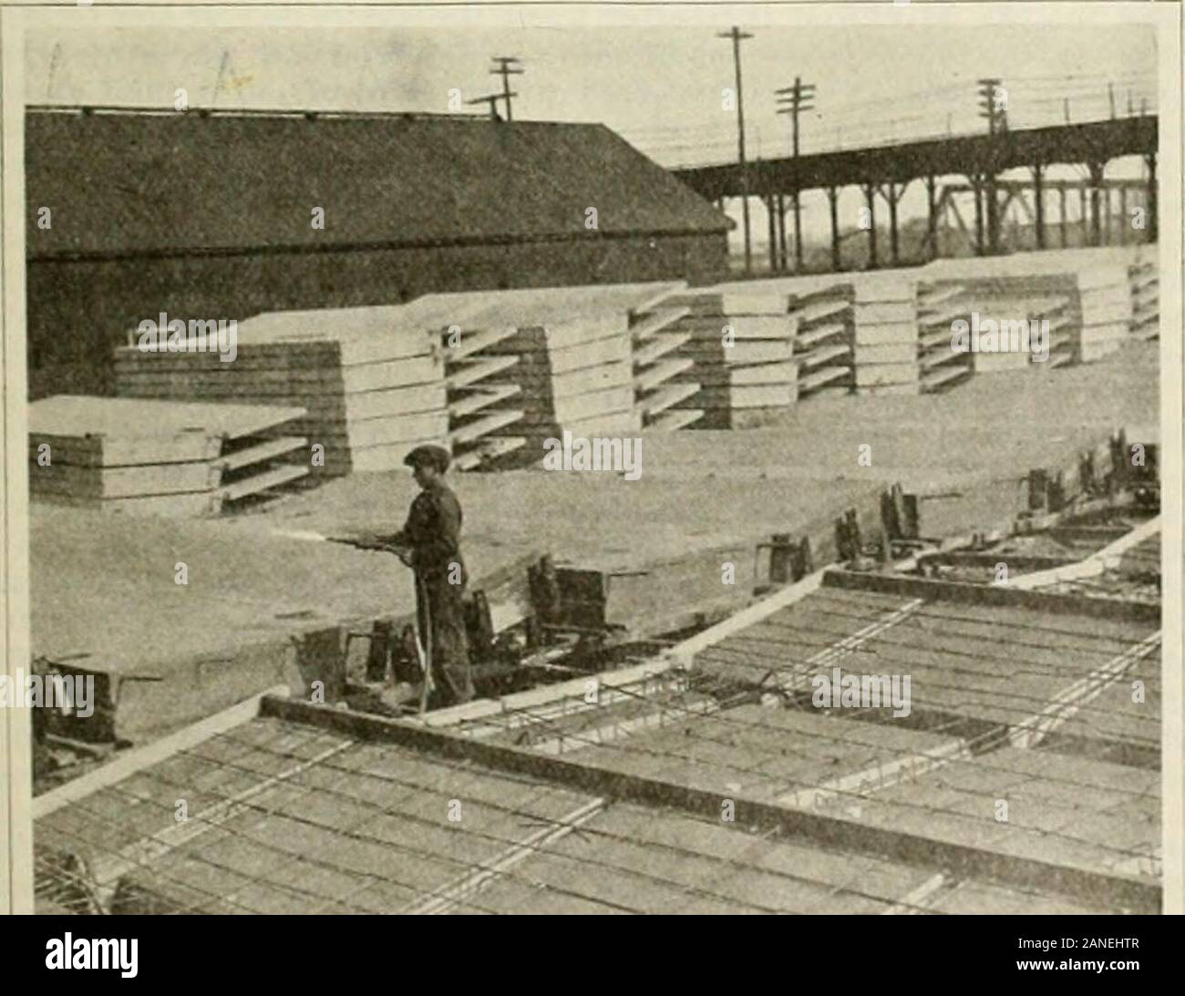 Engineering and Contracting . Fig. 7—General View of Casting Yard. tate the removal of units from the forfns all beams aregiven a bevel of 3 in. on both sides. The roof slabs and beams were designed for a totalload of 70 lb. per square foot, of which 82 lb. per square L7 ft. 8 in. and weigh about 7,000 lb. each. The columnsare reinforced with four 1-in. square bars tied togetherwith ^,4-in. diameter hoops spaced about 10 in. on centers.To protect the edges of column, a steel guard angle about. Fig. 8—Roof Slab Units in Various Stages cf Construction. foot is live load. These numbers were consi Stock Photo