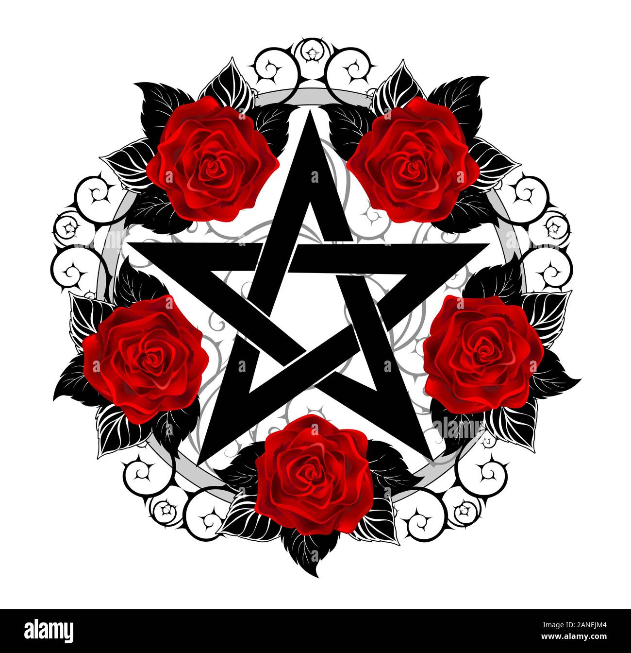 Black pentagram with pattern, decorated with blooming, red roses with leaves on white background. Tattoo style. Stock Vector