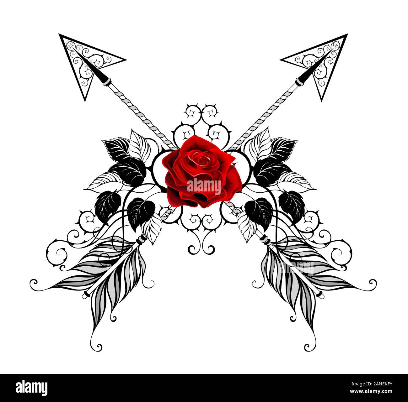 Two crossed, patterned arrows decorated with red, blooming roses with black leaves and stems on white background. Tattoo style. Stock Vector